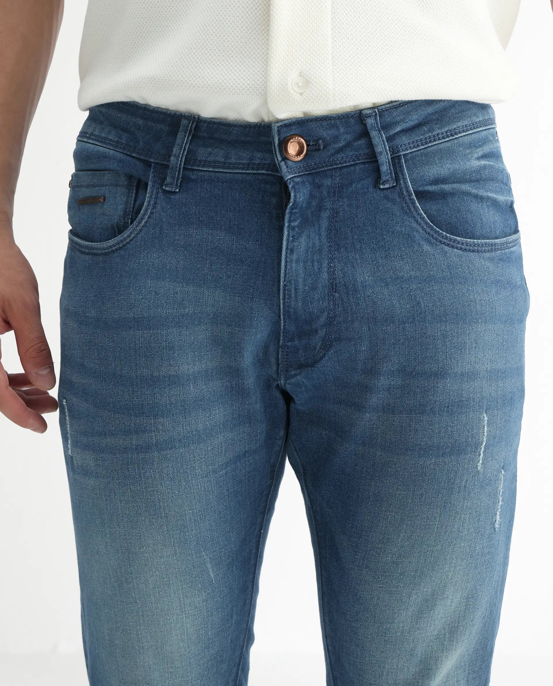 Rare Rabbit Men's Luxen Blue Cotton Plain Hawk Slim Fit Jeans