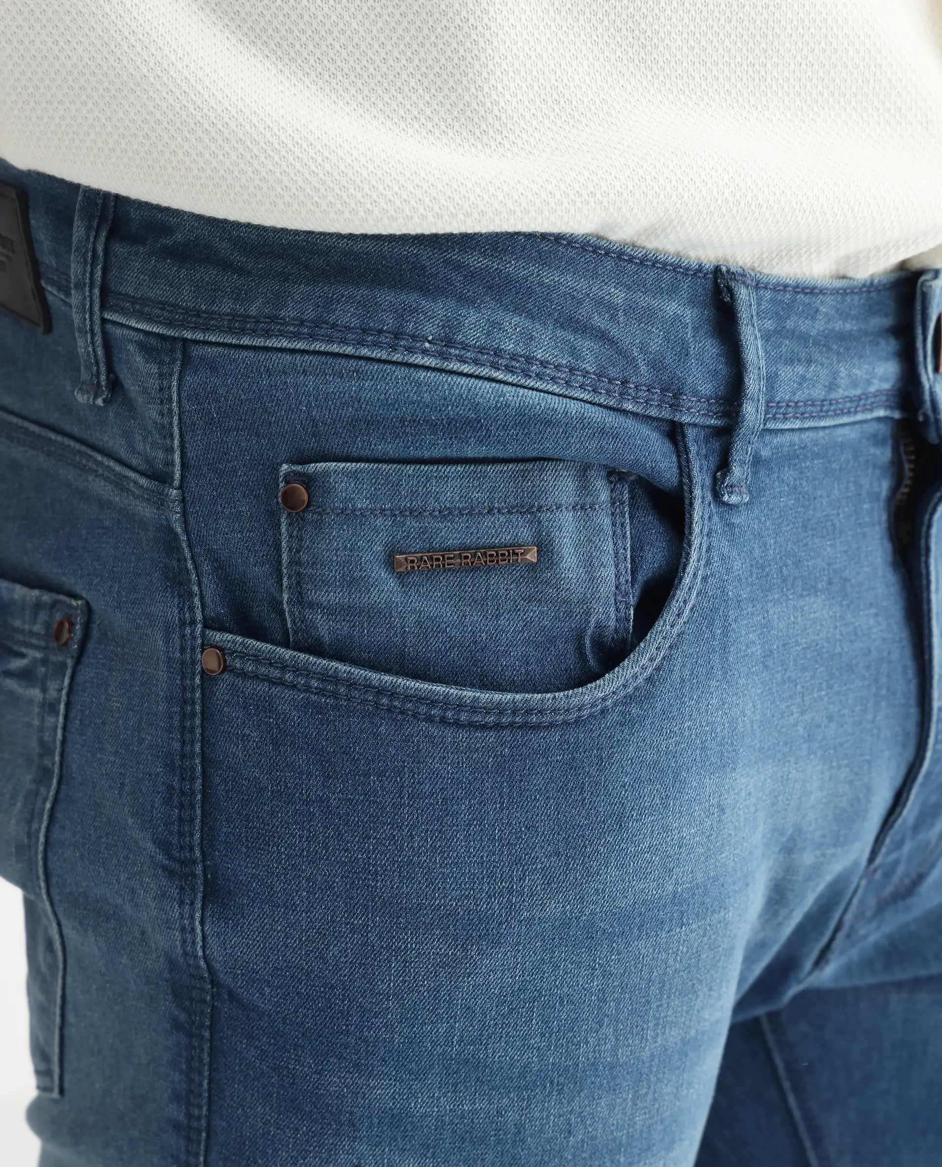 Rare Rabbit Men's Luxen Blue Cotton Plain Hawk Slim Fit Jeans