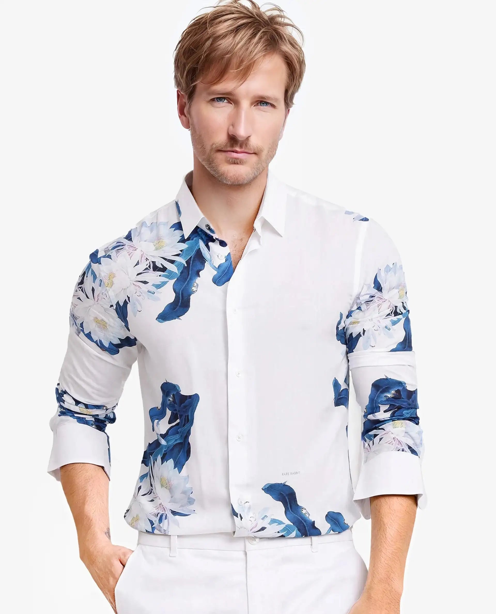 Rare Rabbit Men Lycro-1 White Full Sleeve Regular Fit Shirt