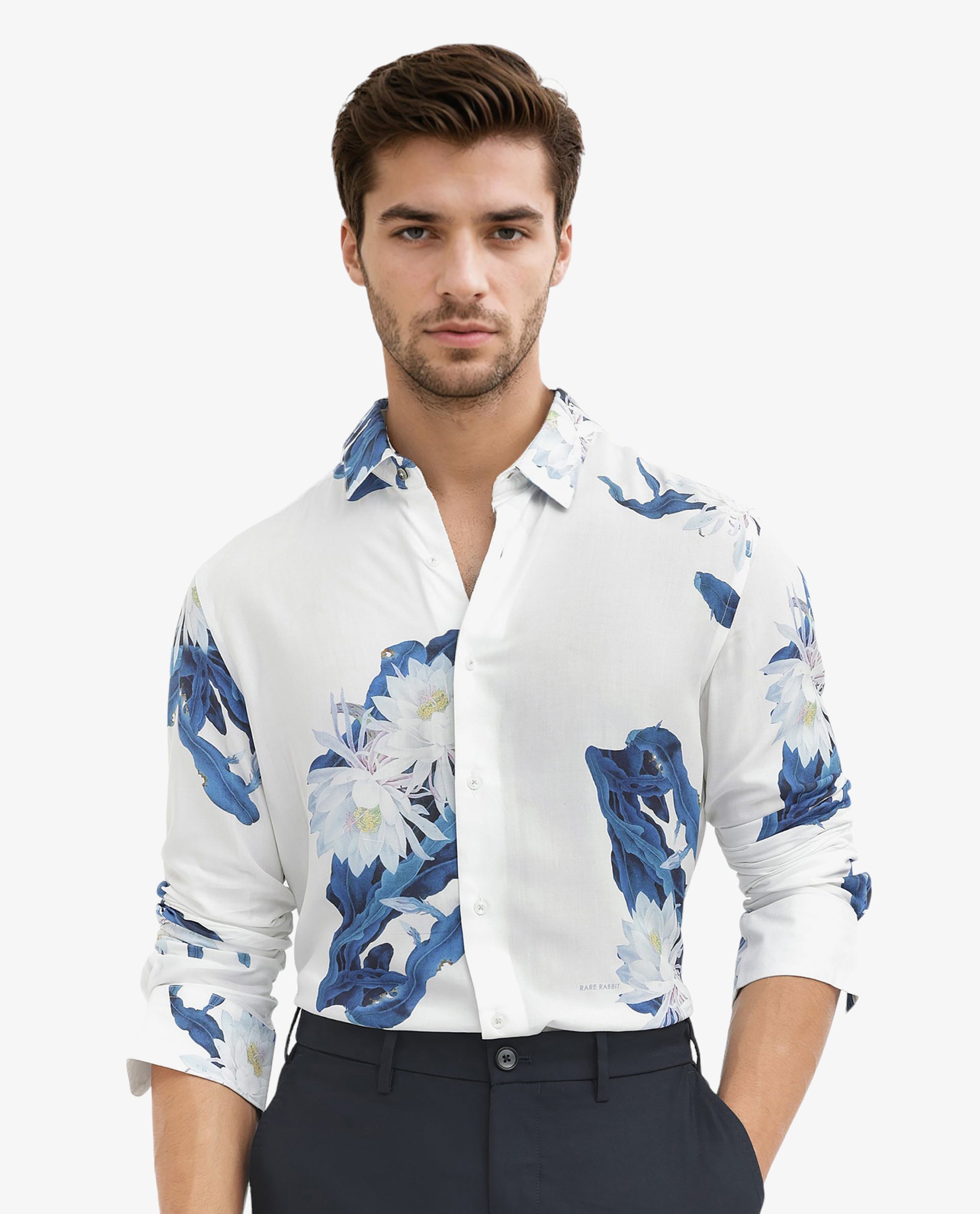 Rare Rabbit Men's Lycro White Viscose Fabric Full Sleeves Floral Print Shirt