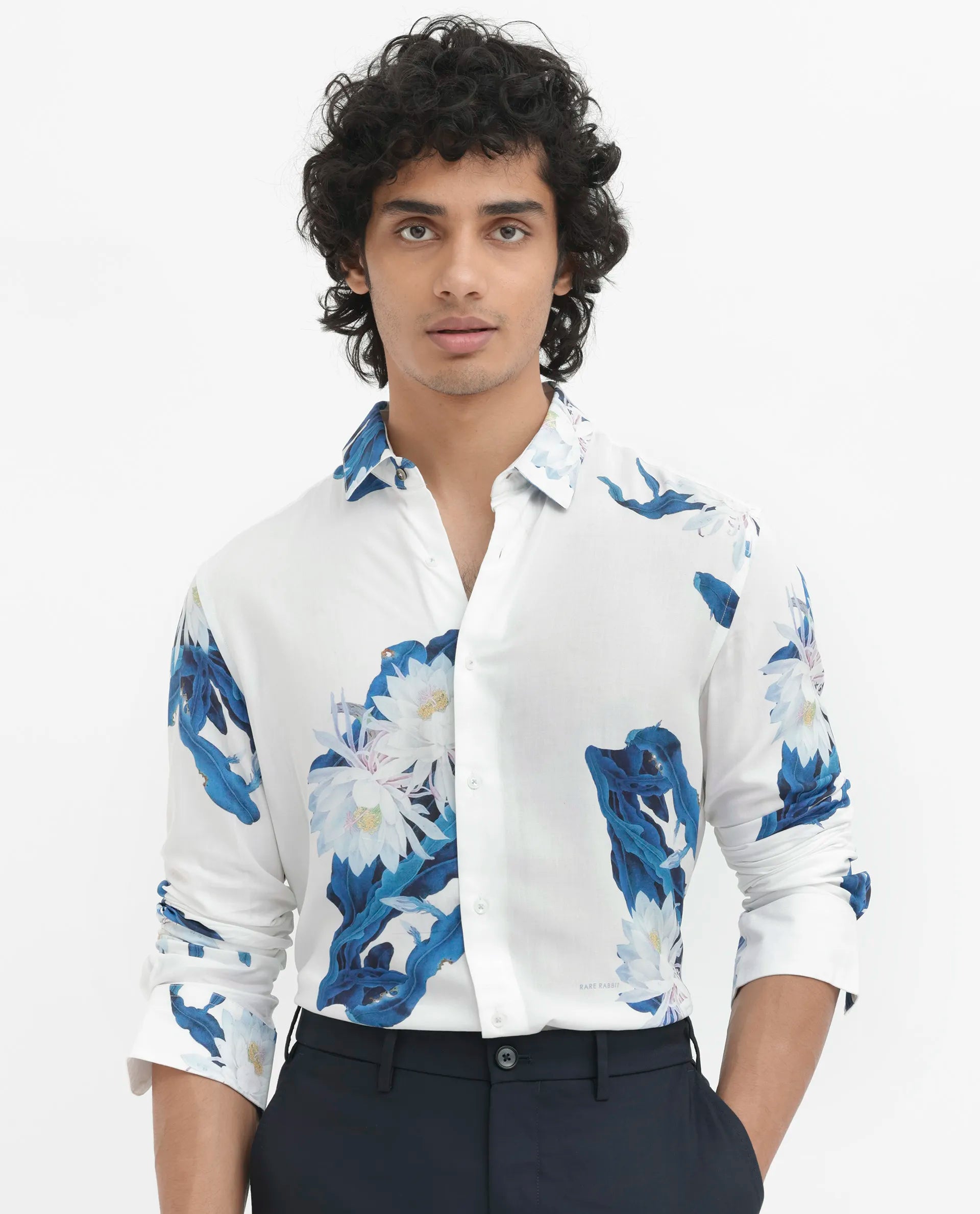 Rare Rabbit Men's Lycro White Viscose Fabric Full Sleeves Floral Print Shirt
