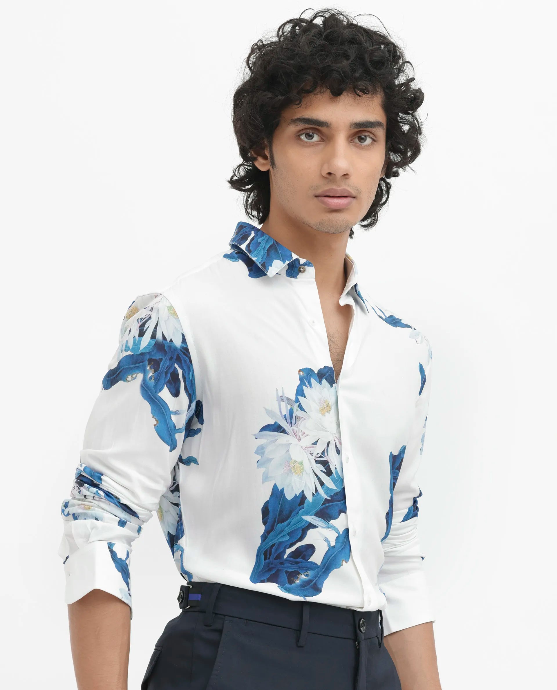 Rare Rabbit Men's Lycro White Viscose Fabric Full Sleeves Floral Print Shirt