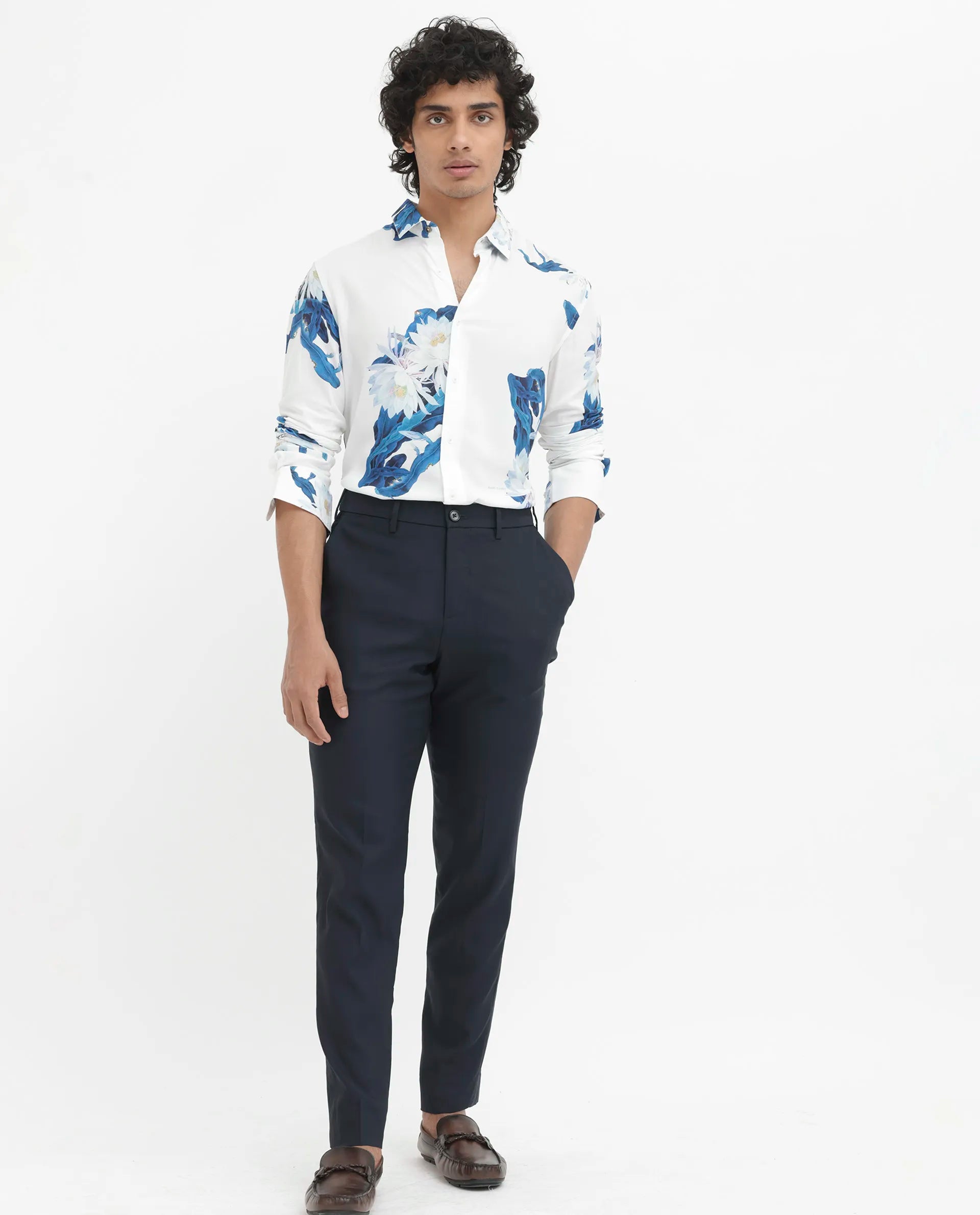 Rare Rabbit Men's Lycro White Viscose Fabric Full Sleeves Floral Print Shirt