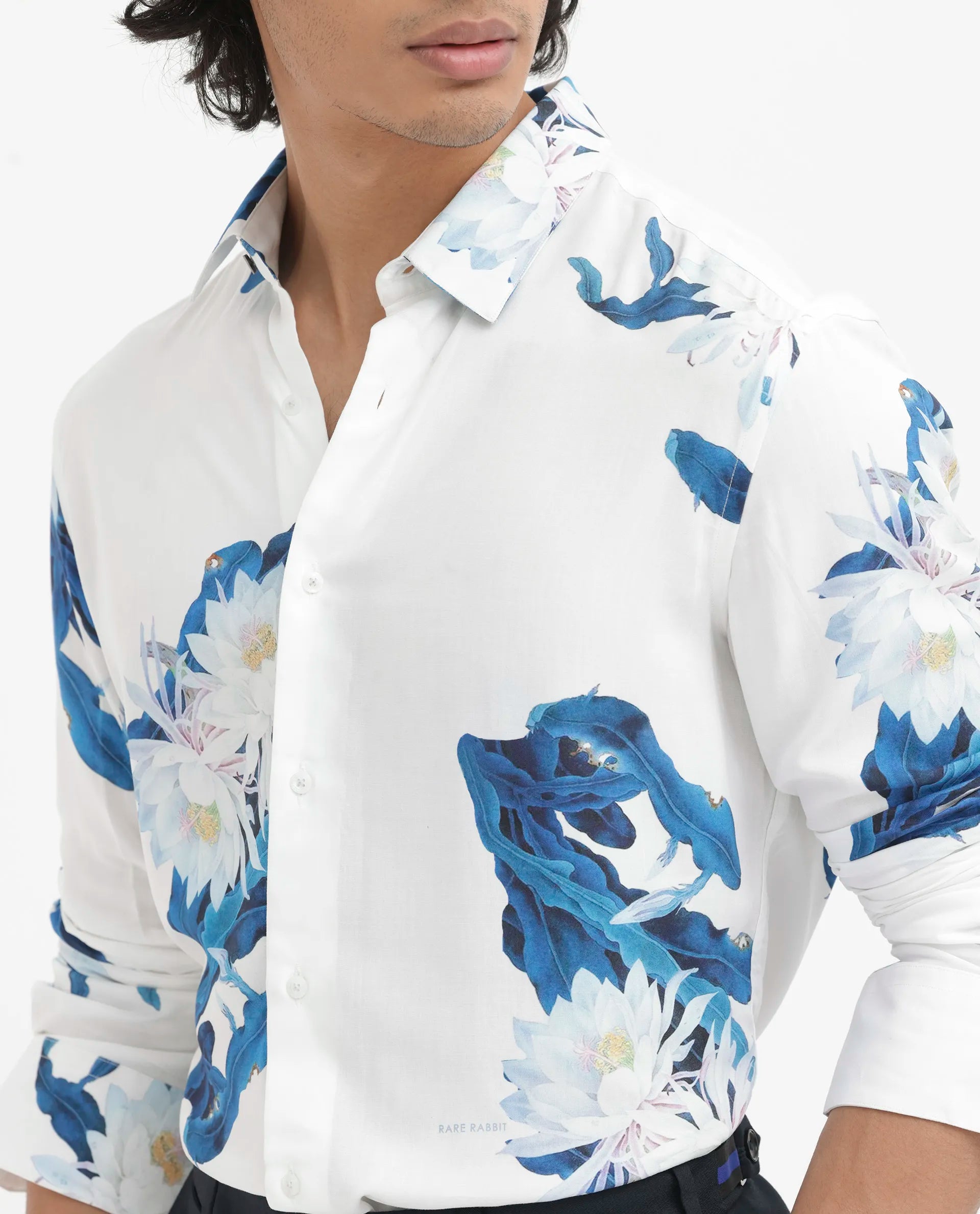Rare Rabbit Men's Lycro White Viscose Fabric Full Sleeves Floral Print Shirt