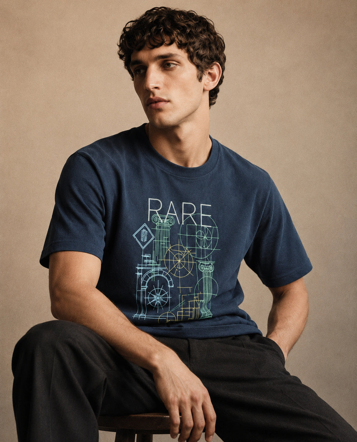 Rare Rabbit Men's Lykos Dark Teal Cotton Crew Neck Relaxed Graphic Print T-Shirt