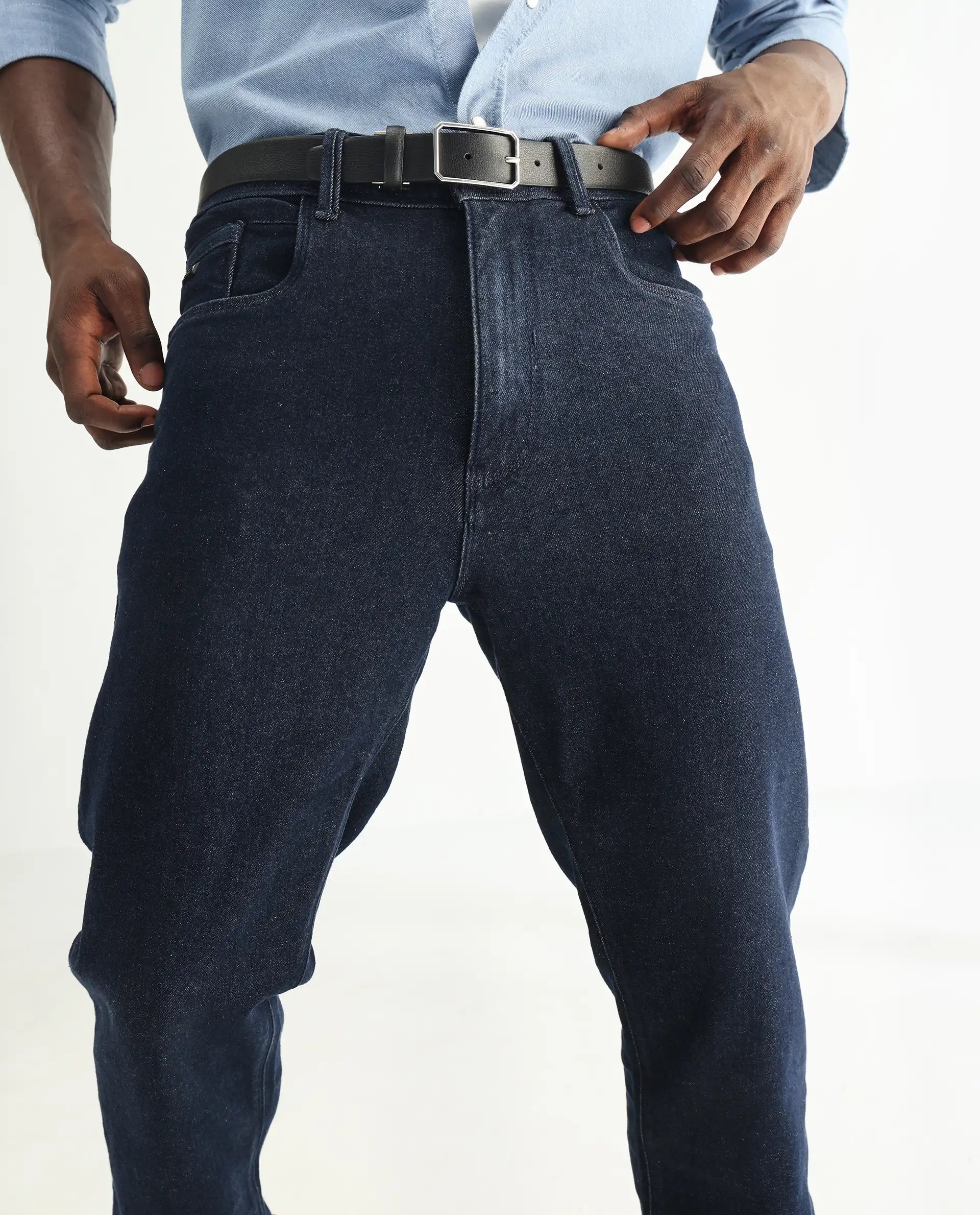 Rare Rabbit Men's Lyon Dark Navy Cotton Plain Hawk Slim Fit Jeans