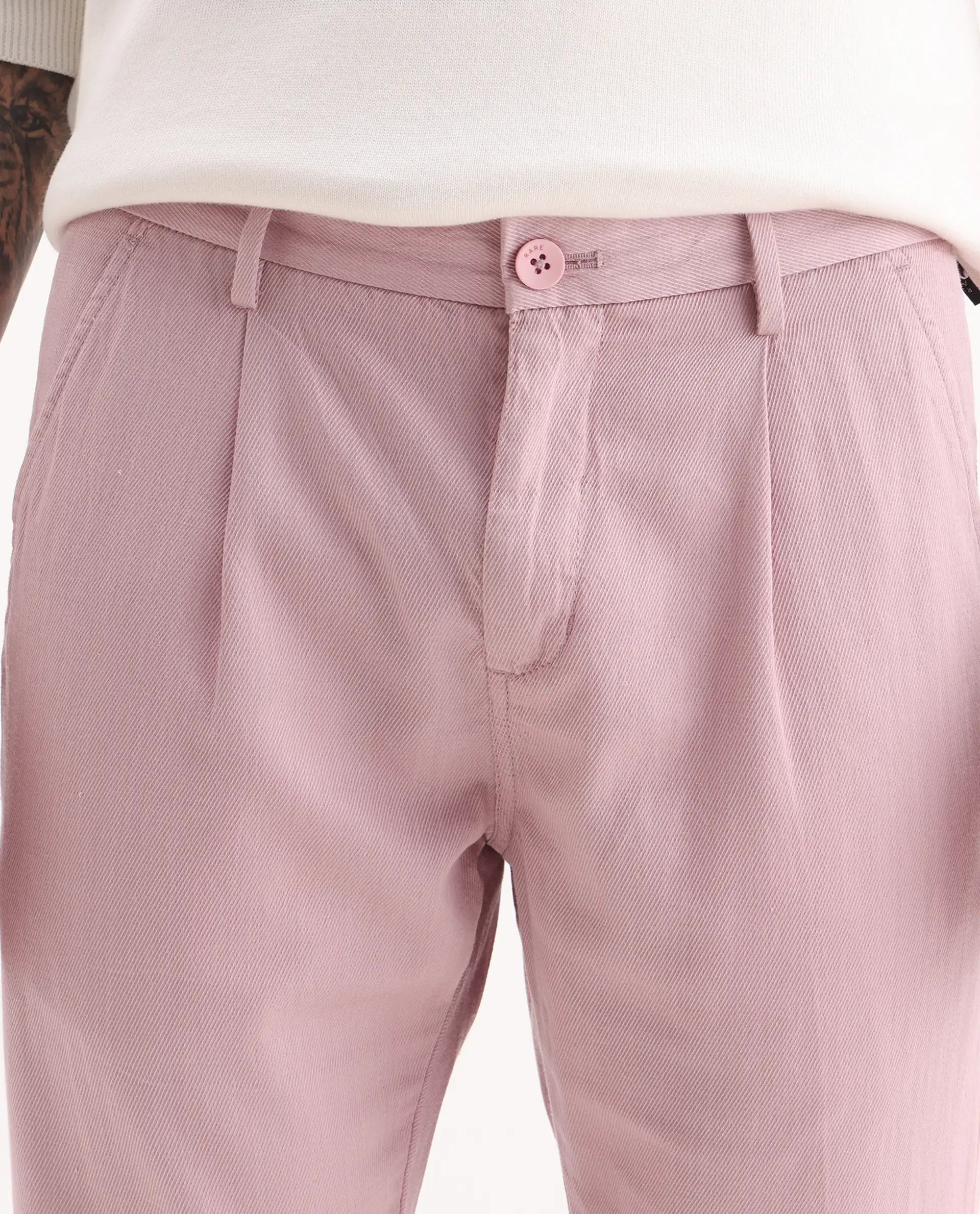 Rare Rabbit Men's Lyte Pink Cotton Plain Regular Fit Trouser