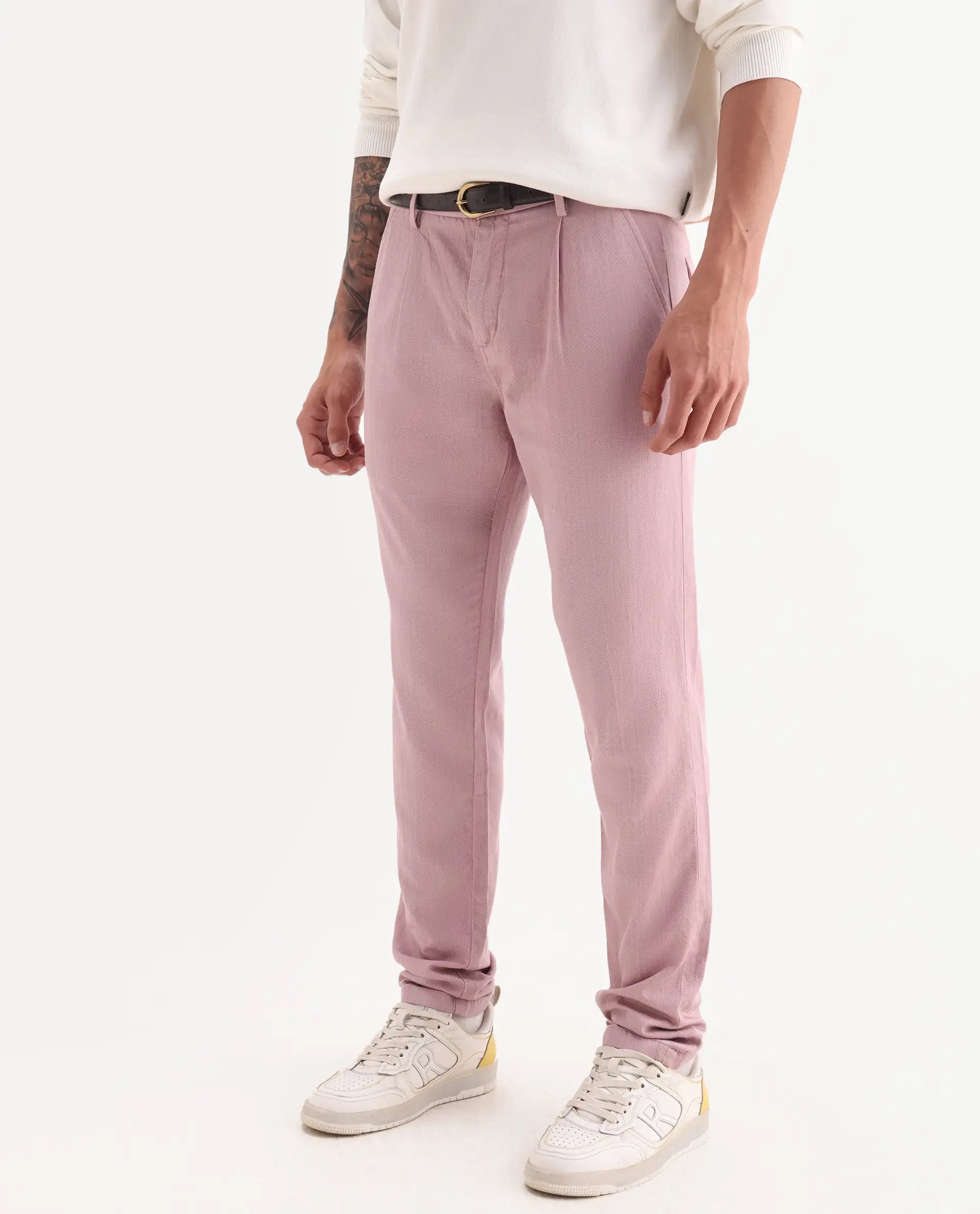 Rare Rabbit Men's Lyte Pink Cotton Plain Regular Fit Trouser
