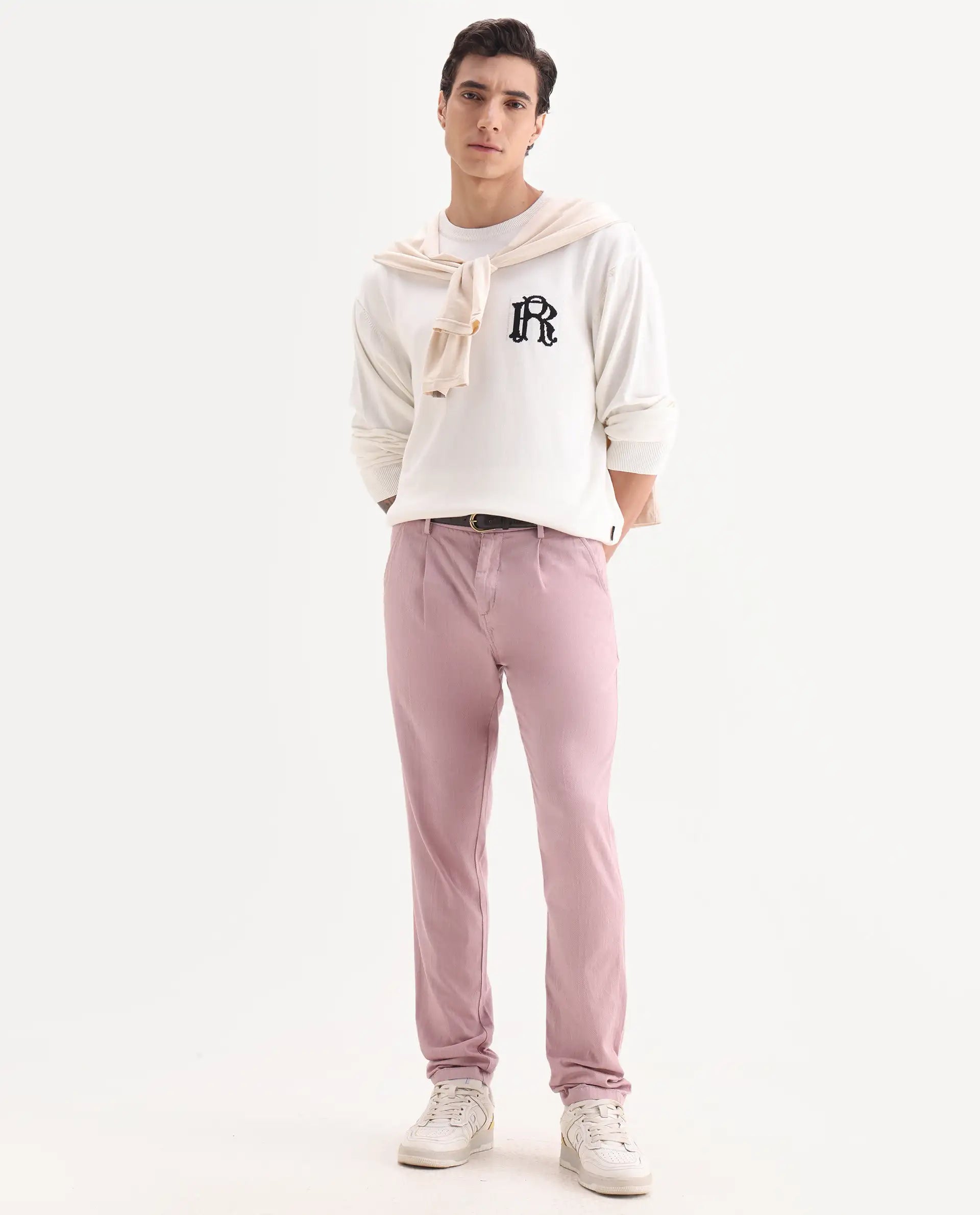 Rare Rabbit Men's Lyte Pink Cotton Plain Regular Fit Trouser