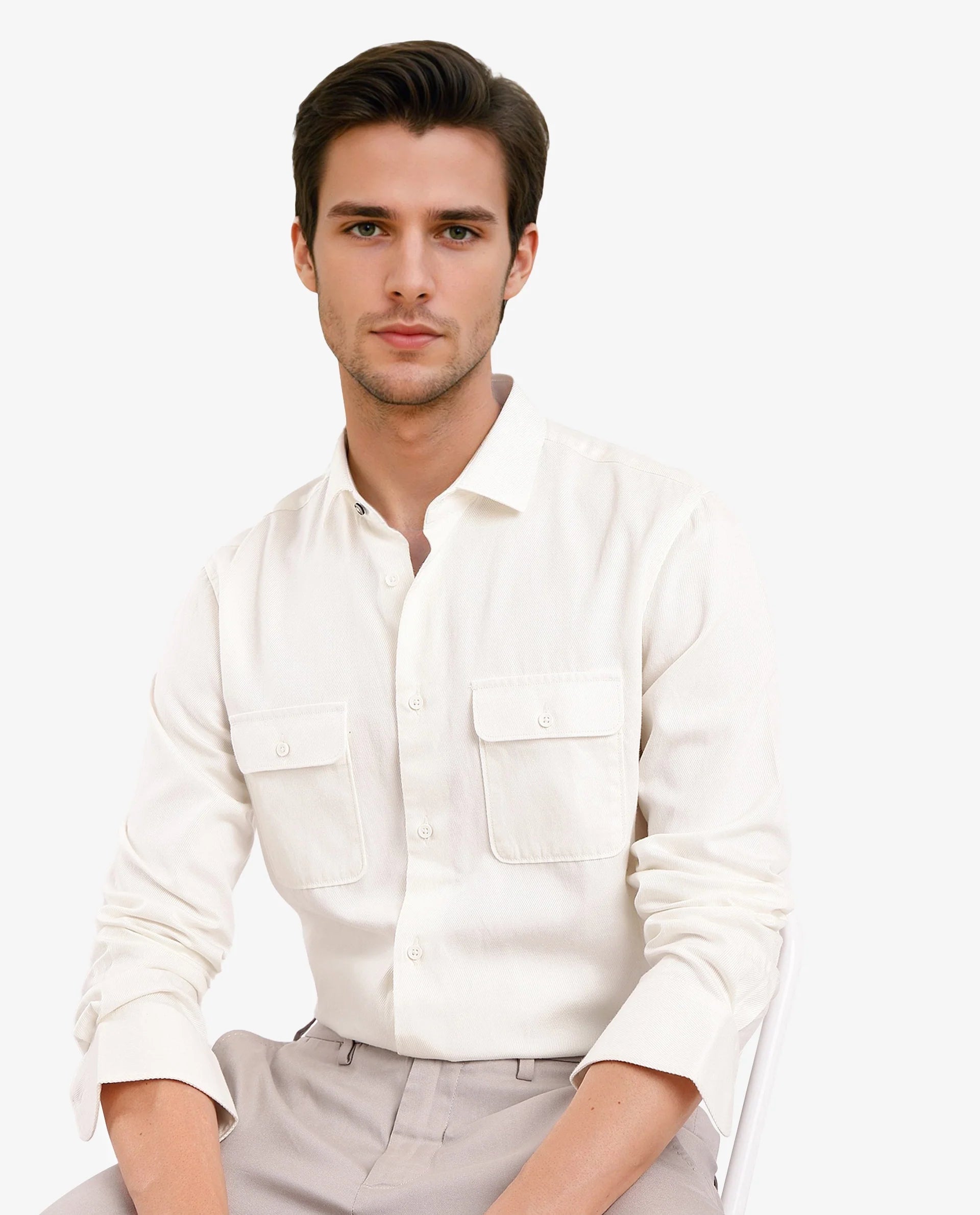 Rare Rabbit Men's Lyton-2 Off White Cotton Fabric Full Sleeves Two Flap Pocket Solid Twill Shirt