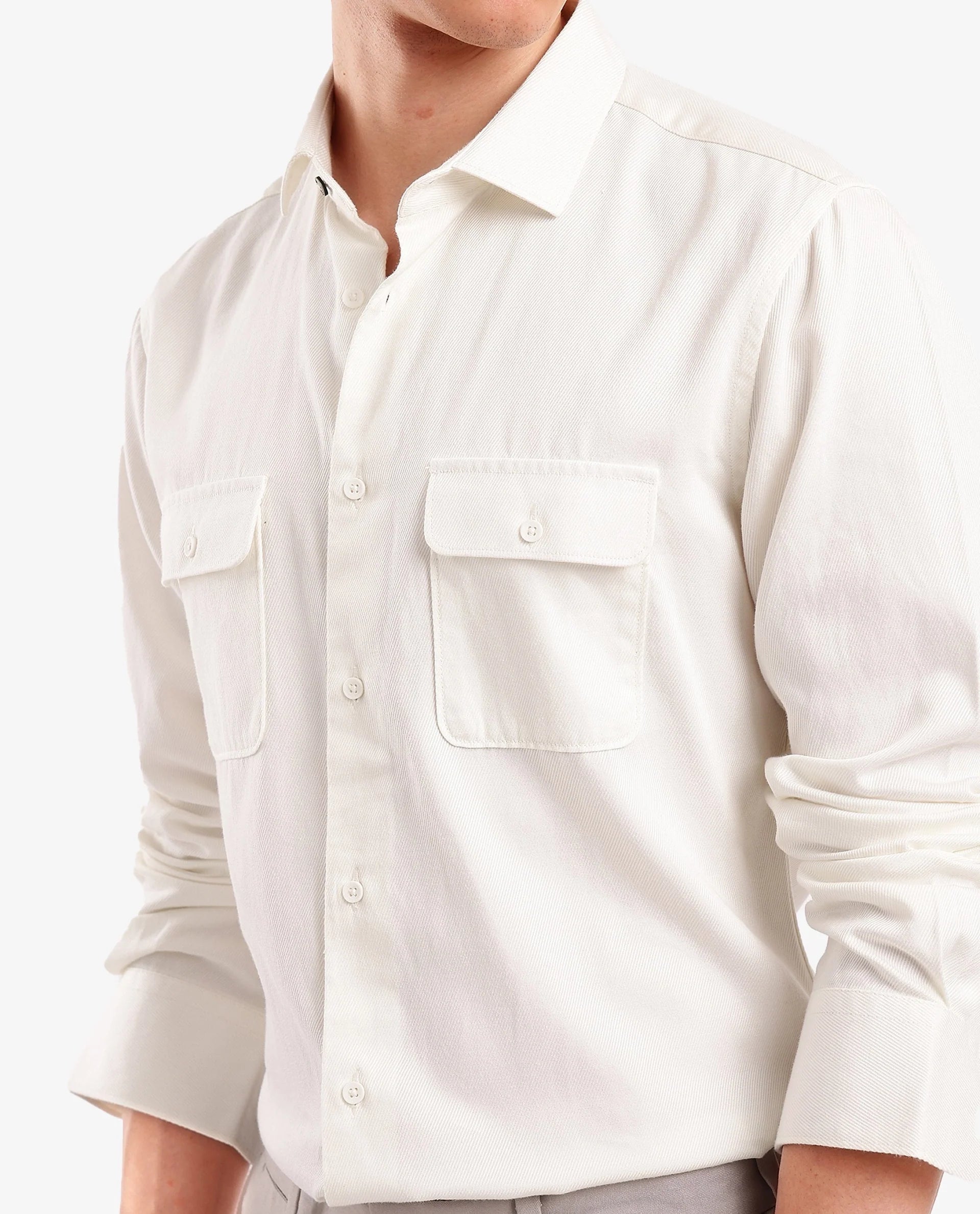 Rare Rabbit Men's Lyton-2 Off White Cotton Fabric Full Sleeves Two Flap Pocket Solid Twill Shirt