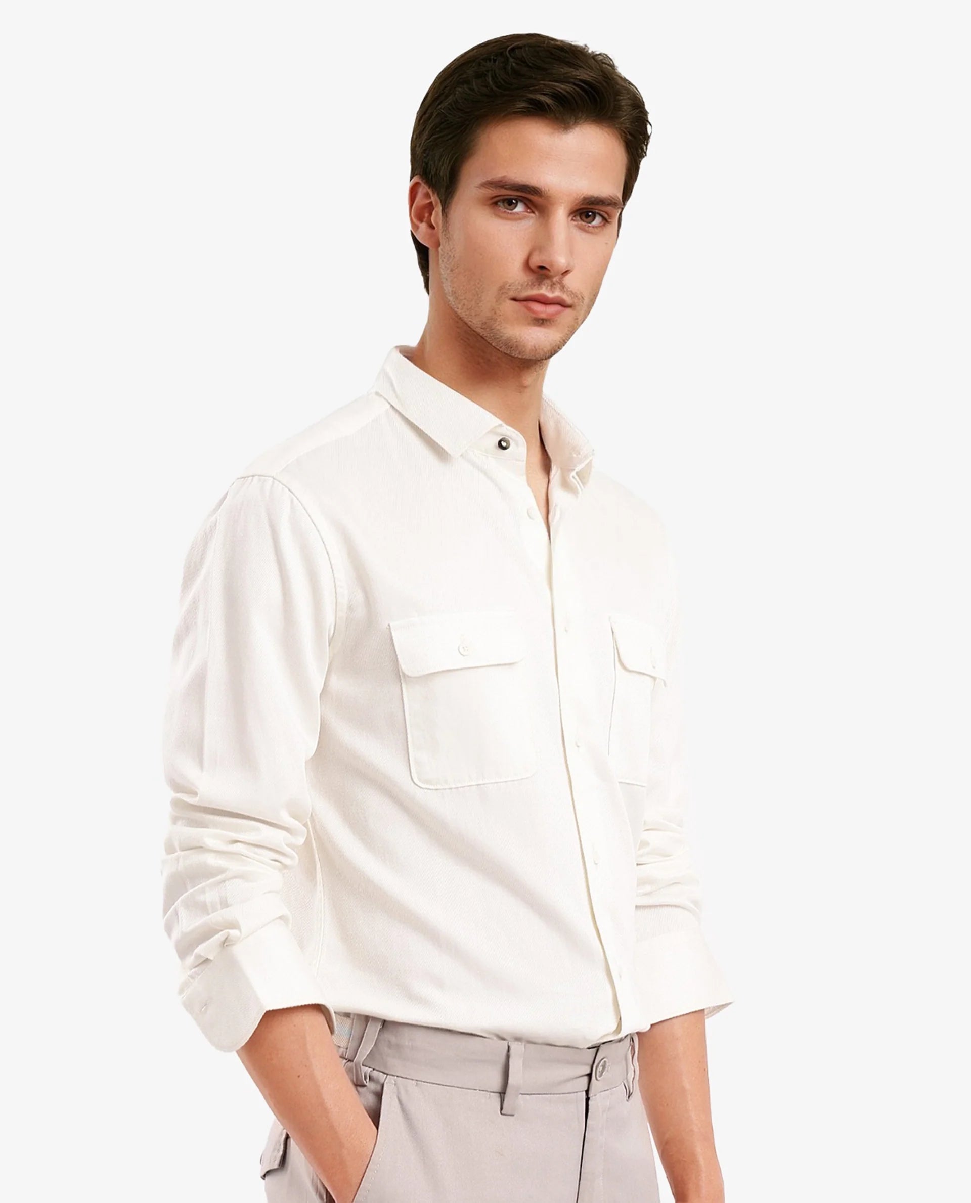 Rare Rabbit Men's Lyton-2 Off White Cotton Fabric Full Sleeves Two Flap Pocket Solid Twill Shirt