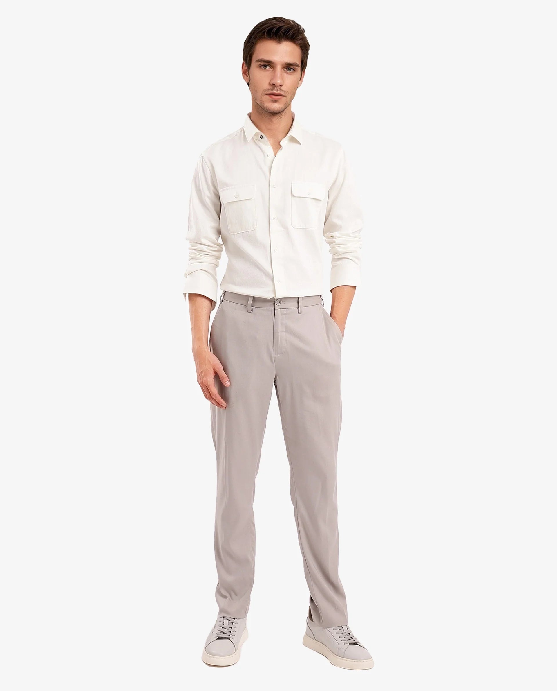 Rare Rabbit Men's Lyton-2 Off White Cotton Fabric Full Sleeves Two Flap Pocket Solid Twill Shirt