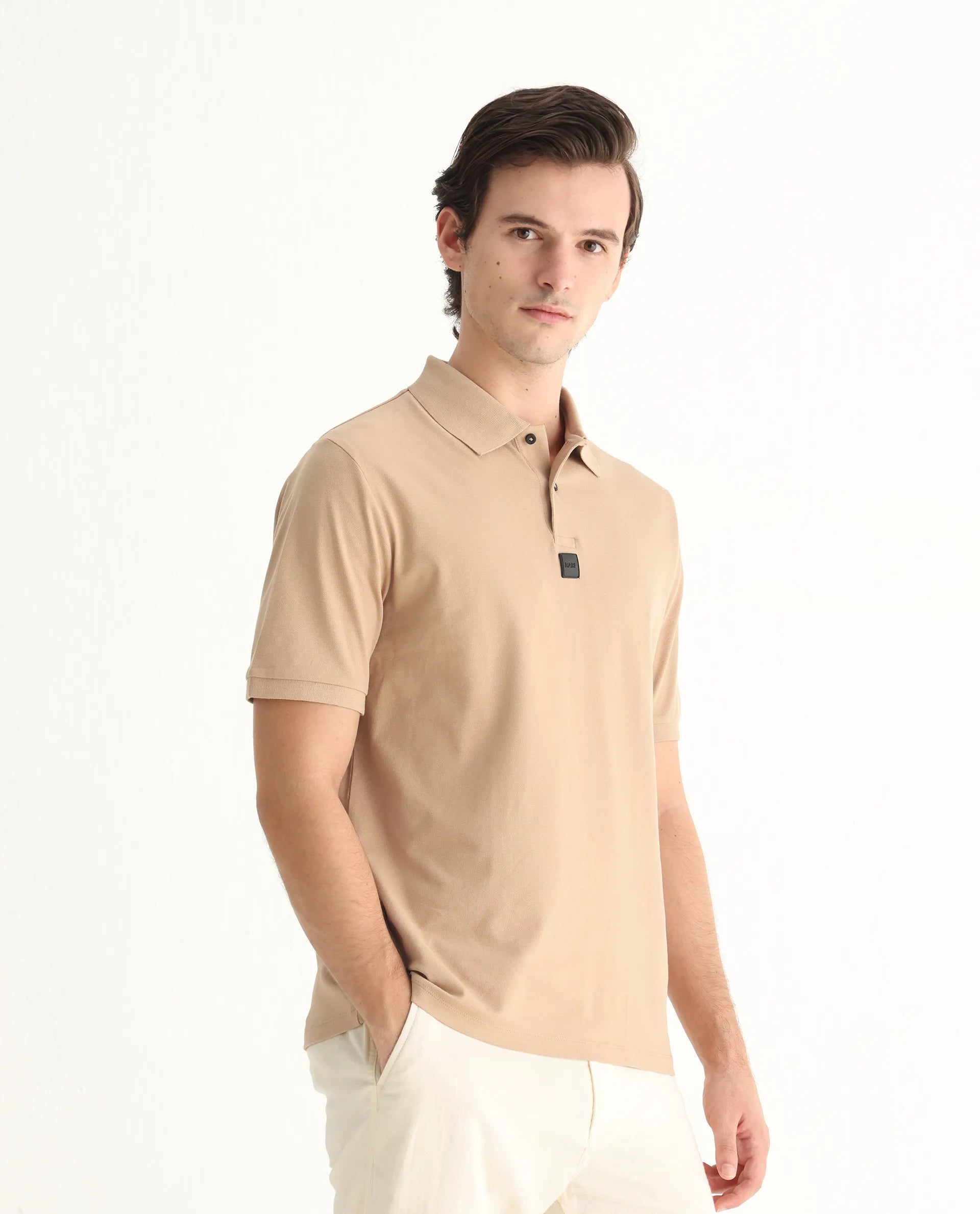Rare Rabbit Men's Mabe Beige Cotton Plain Regular Fit Half Sleeve Polo
