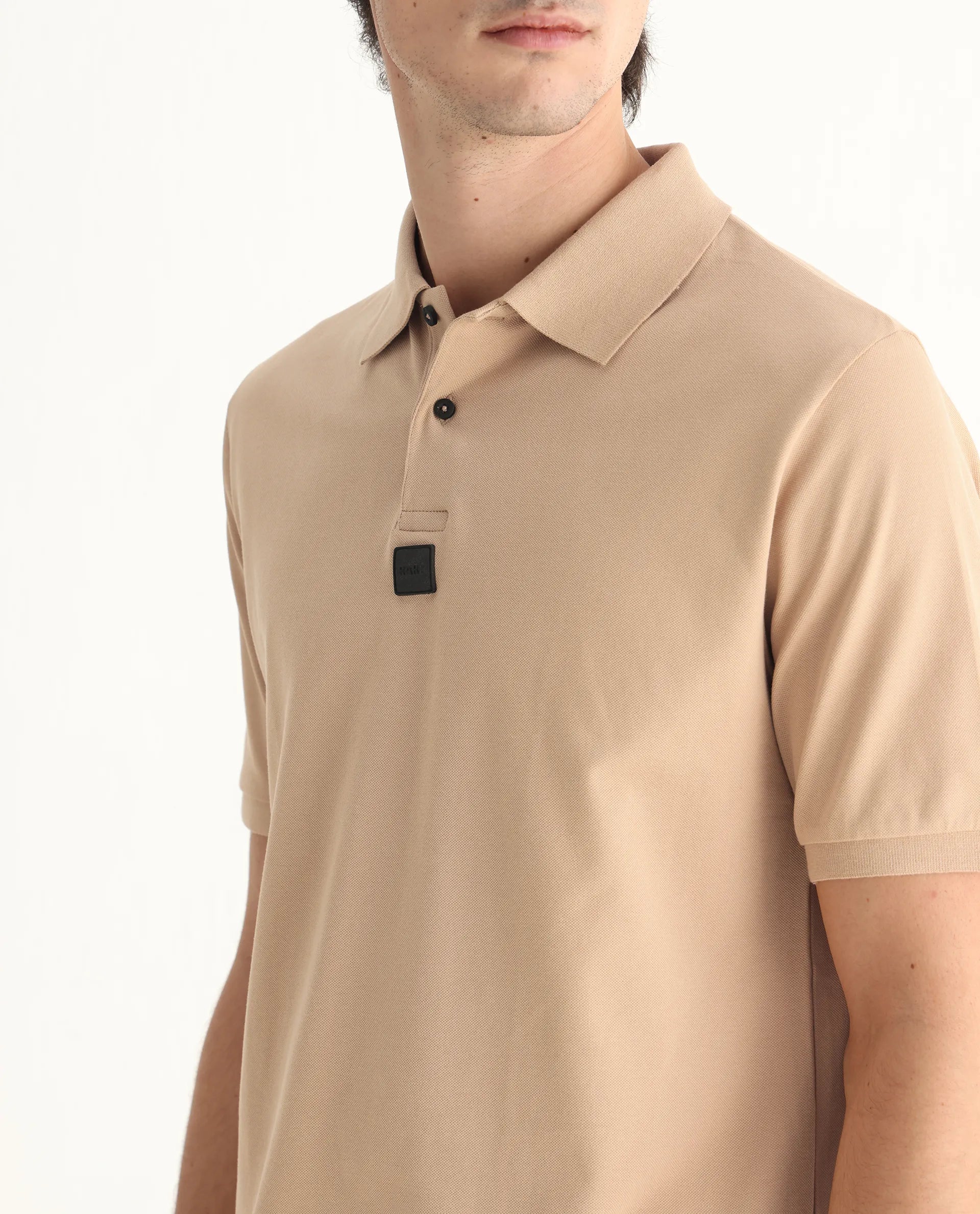 Rare Rabbit Men's Mabe Beige Cotton Plain Regular Fit Half Sleeve Polo