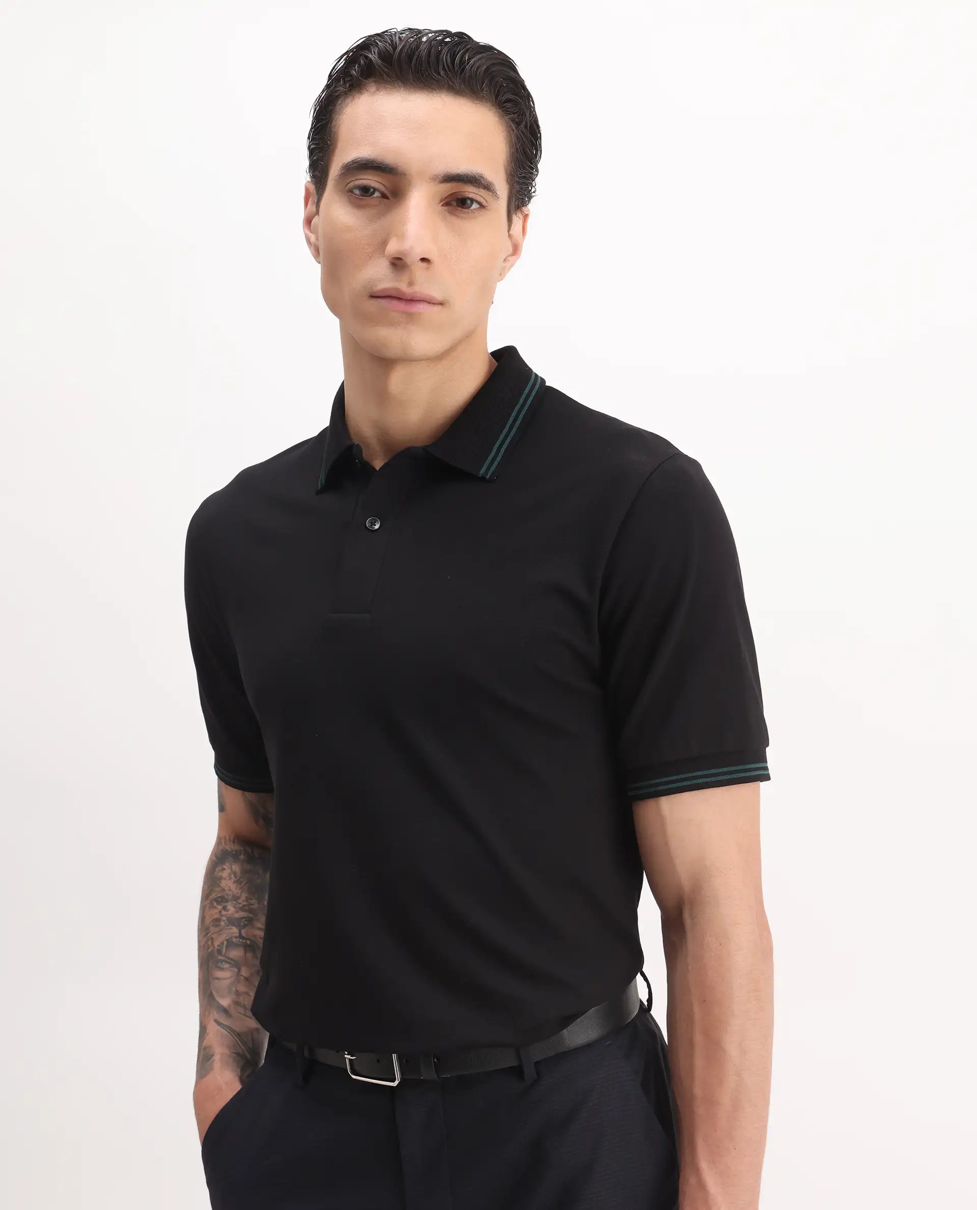Rare Rabbit Men's Mace Black Cotton Blend Plain Regular Fit Half Sleeve Polo