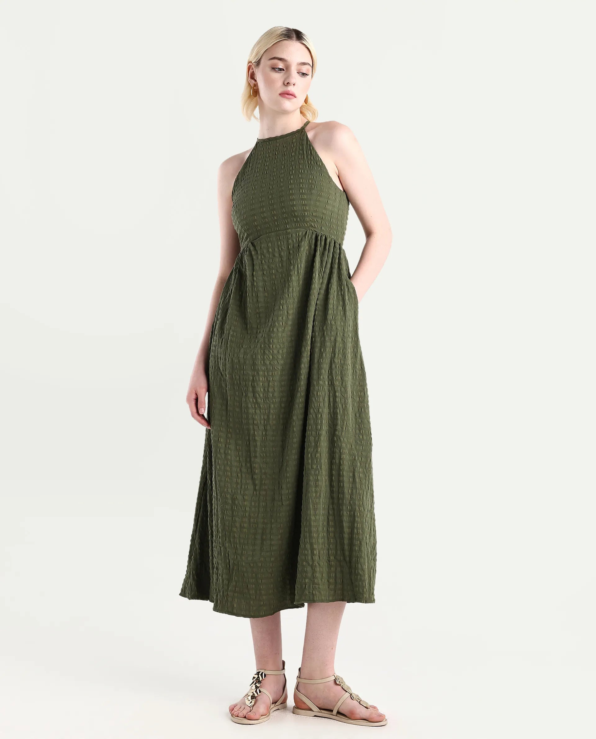 Rareism Women's Macnica Olive Polyester Blend Halter Neck Plain Sleeveless Maxi Fit And Flare Dress