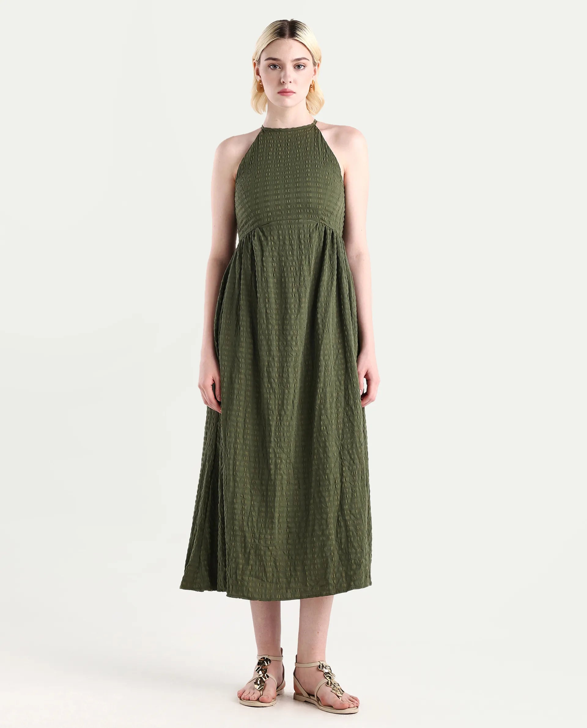 Rareism Women's Macnica Olive Polyester Blend Halter Neck Plain Sleeveless Maxi Fit And Flare Dress