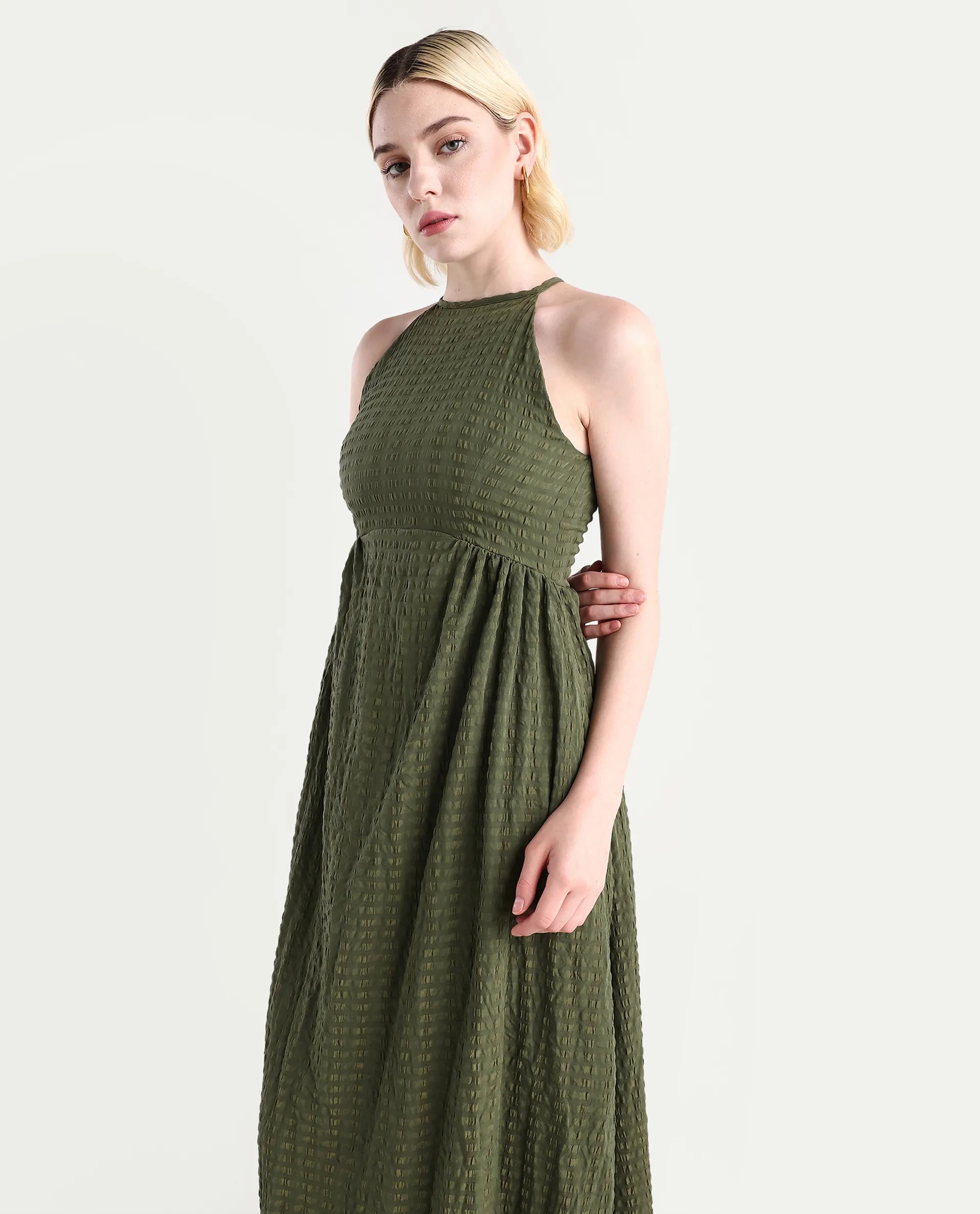 Rareism Women's Macnica Olive Polyester Blend Halter Neck Plain Sleeveless Maxi Fit And Flare Dress