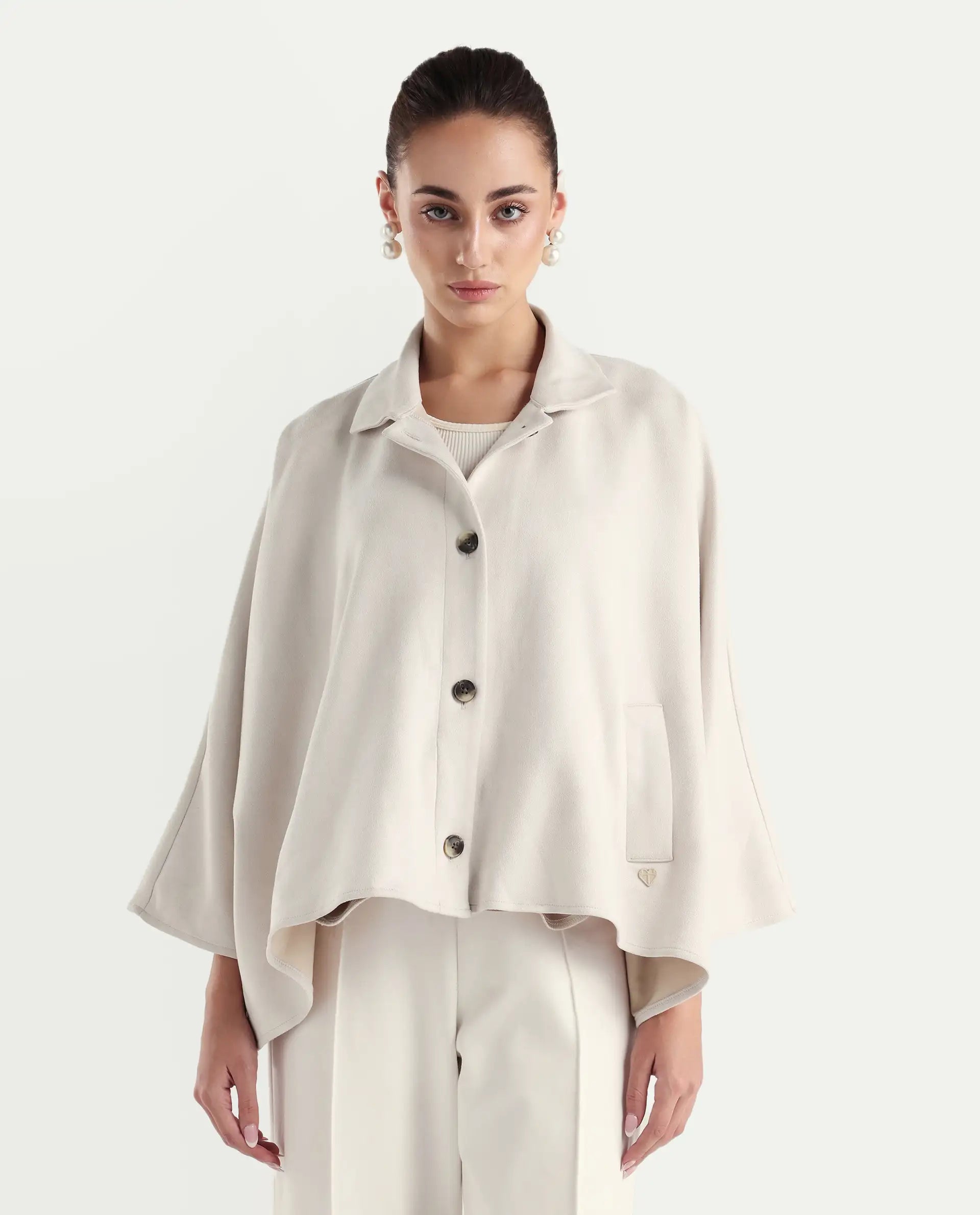 Rareism Women's Macqua Light Beige Suede Spread Collar Plain Boxy Fit Jacket