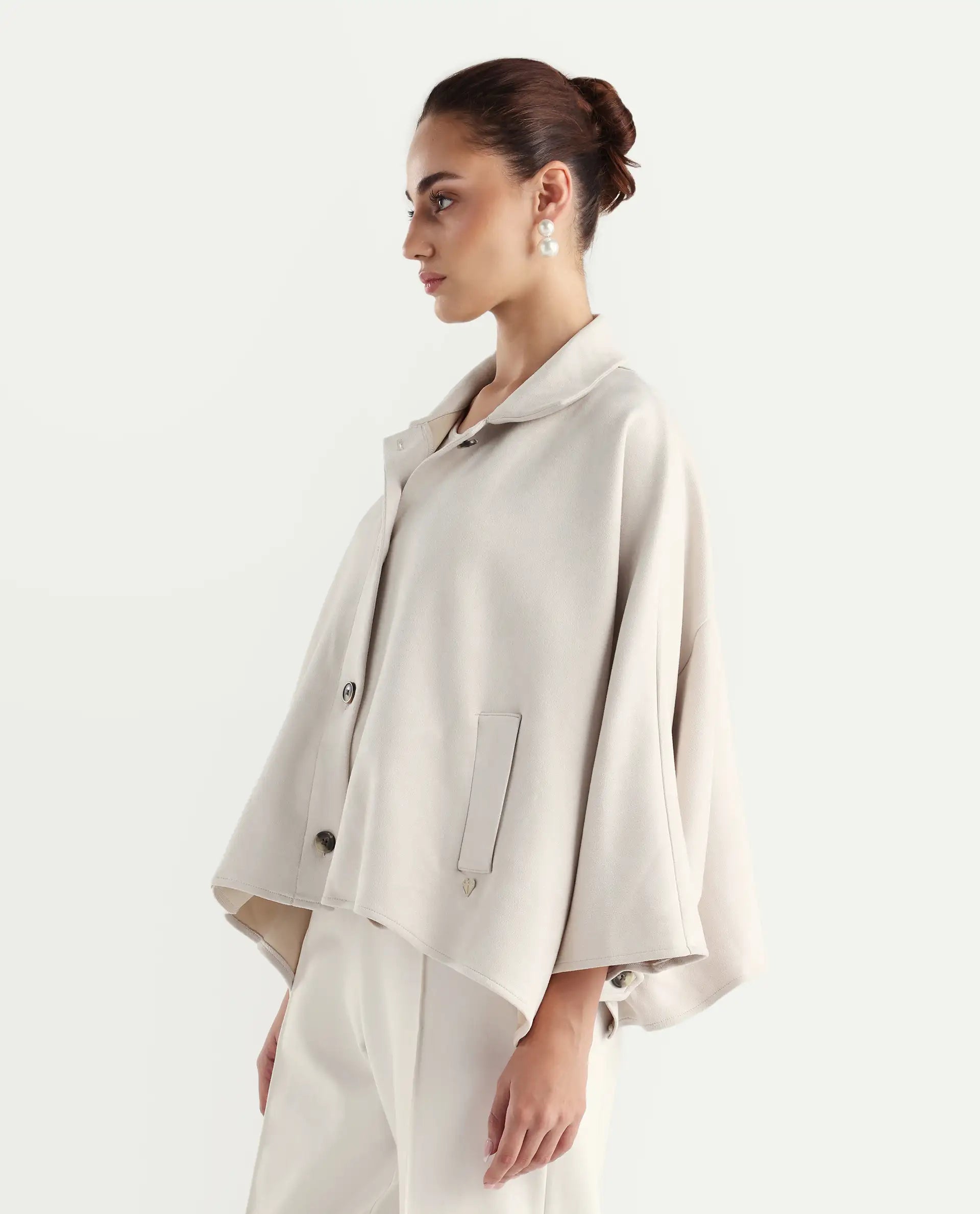 Rareism Women's Macqua Light Beige Suede Spread Collar Plain Boxy Fit Jacket