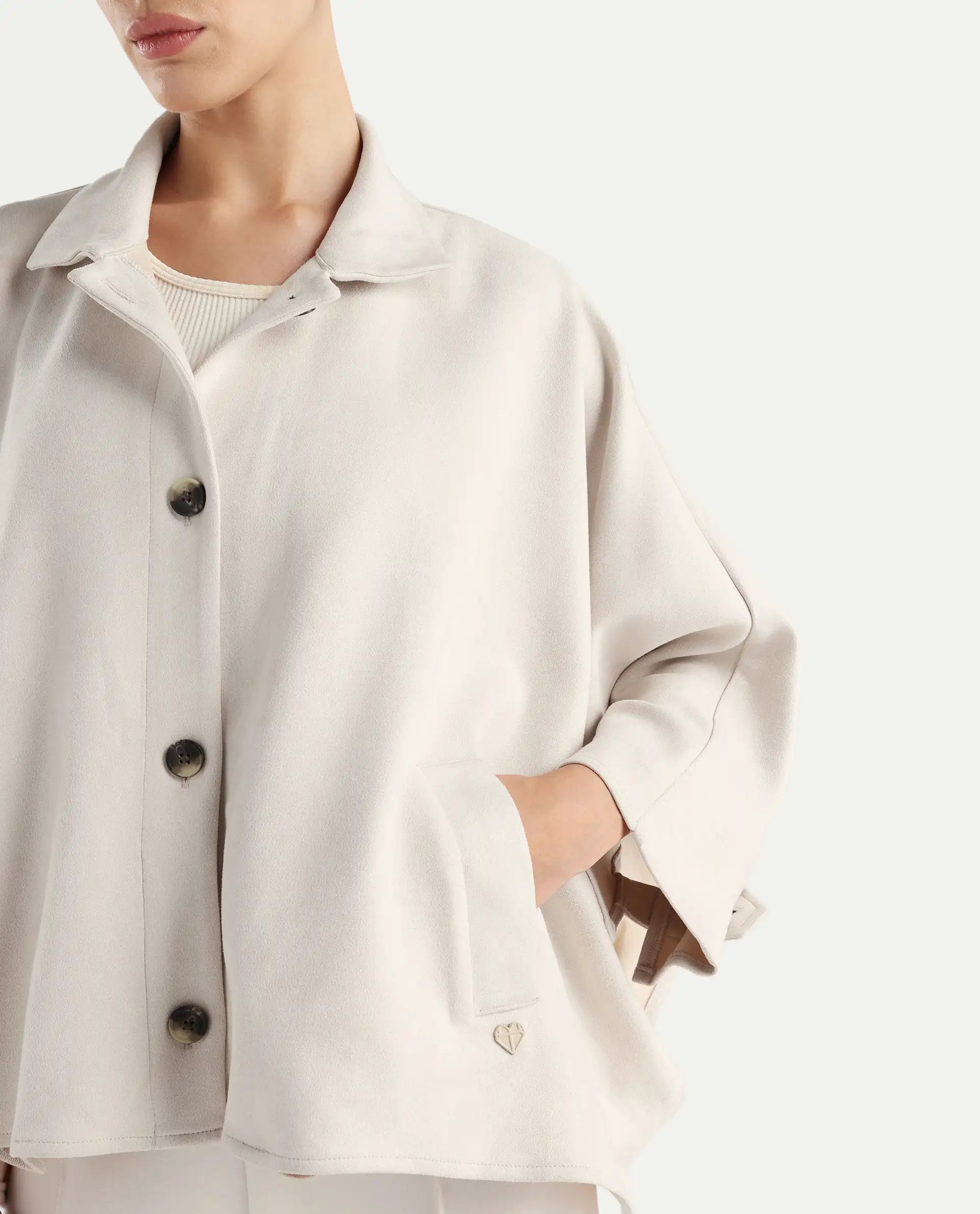 Rareism Women's Macqua Light Beige Suede Spread Collar Plain Boxy Fit Jacket