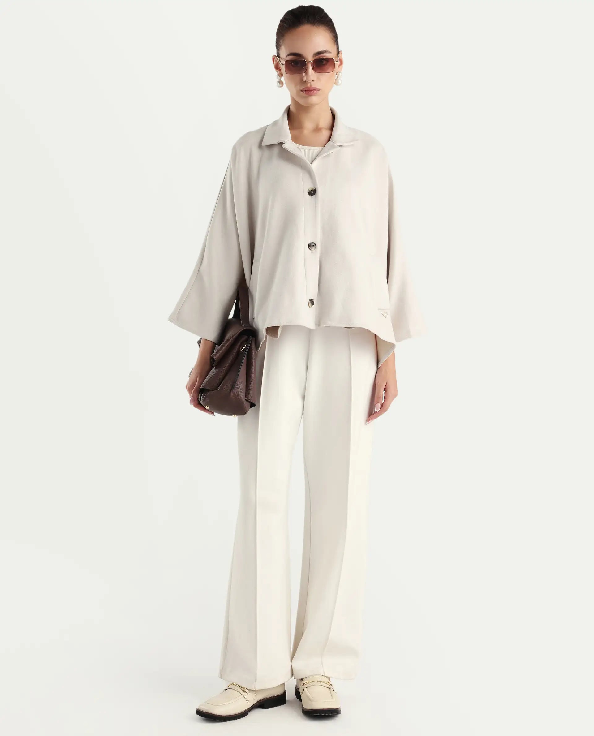 Rareism Women's Macqua Light Beige Suede Spread Collar Plain Boxy Fit Jacket