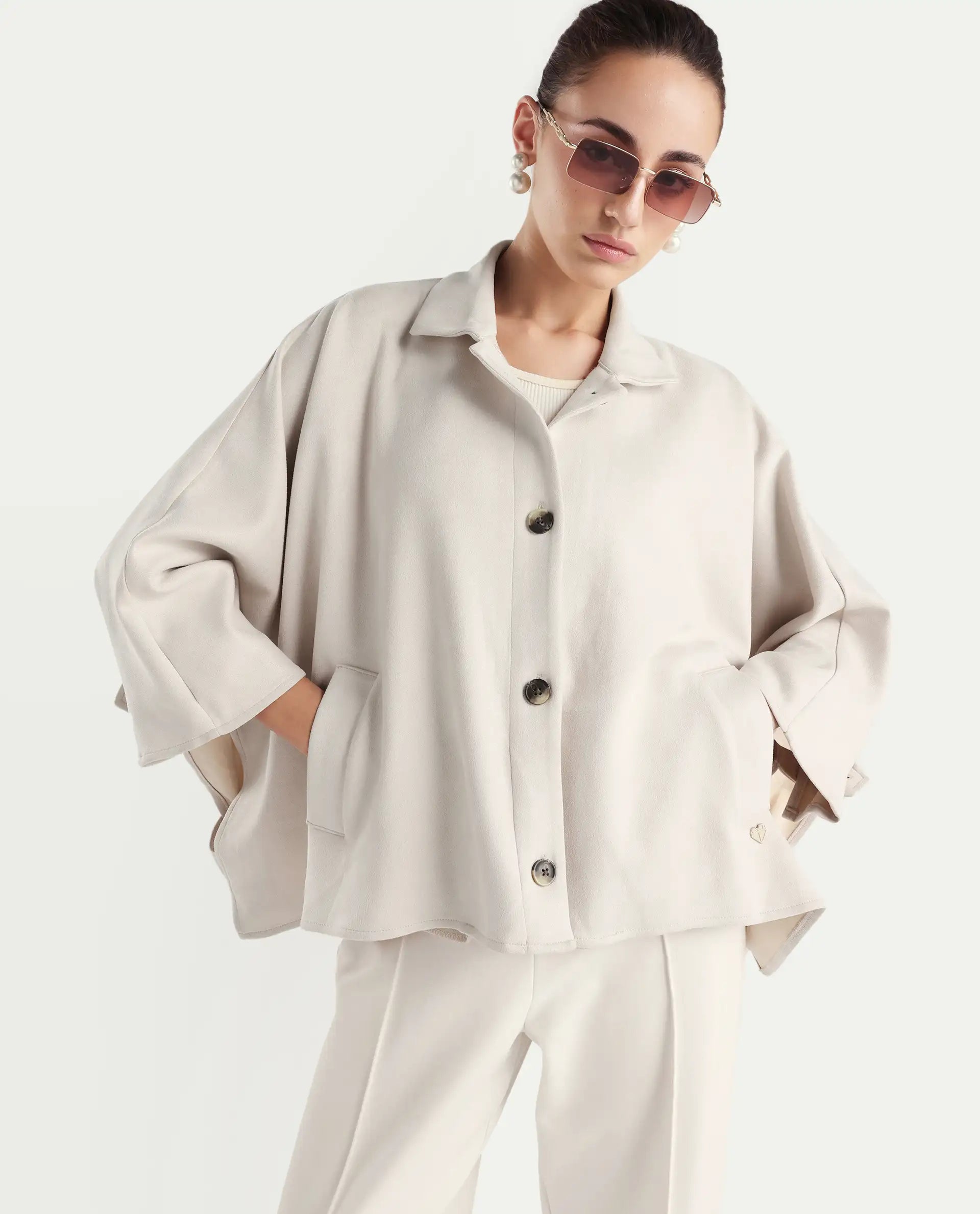 Rareism Women's Macqua Light Beige Suede Spread Collar Plain Boxy Fit Jacket