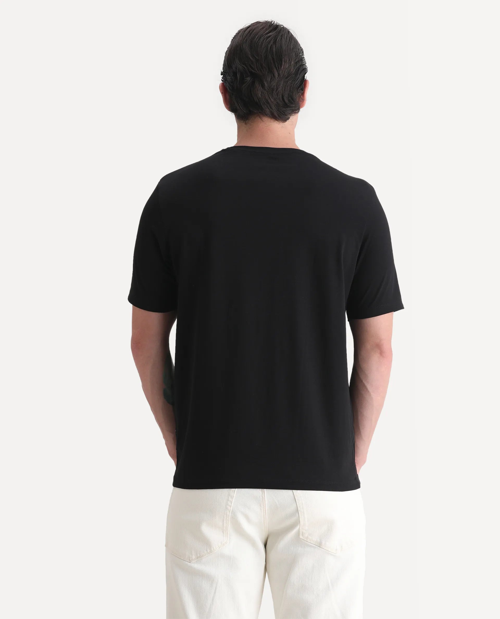 Rare Rabbit Men's Maisel-25 Black Cotton Blend Hd Print Regular Fit Half Sleeve Crew Neck T-Shirt