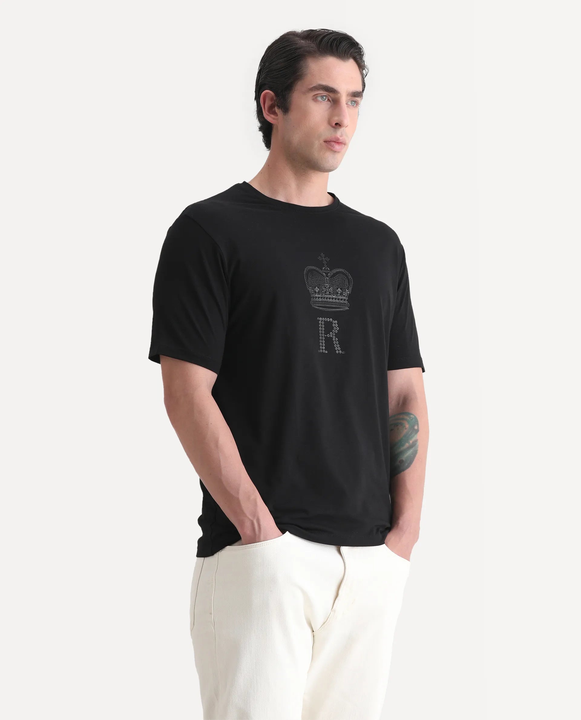 Rare Rabbit Men's Maisel-25 Black Cotton Blend Hd Print Regular Fit Half Sleeve Crew Neck T-Shirt