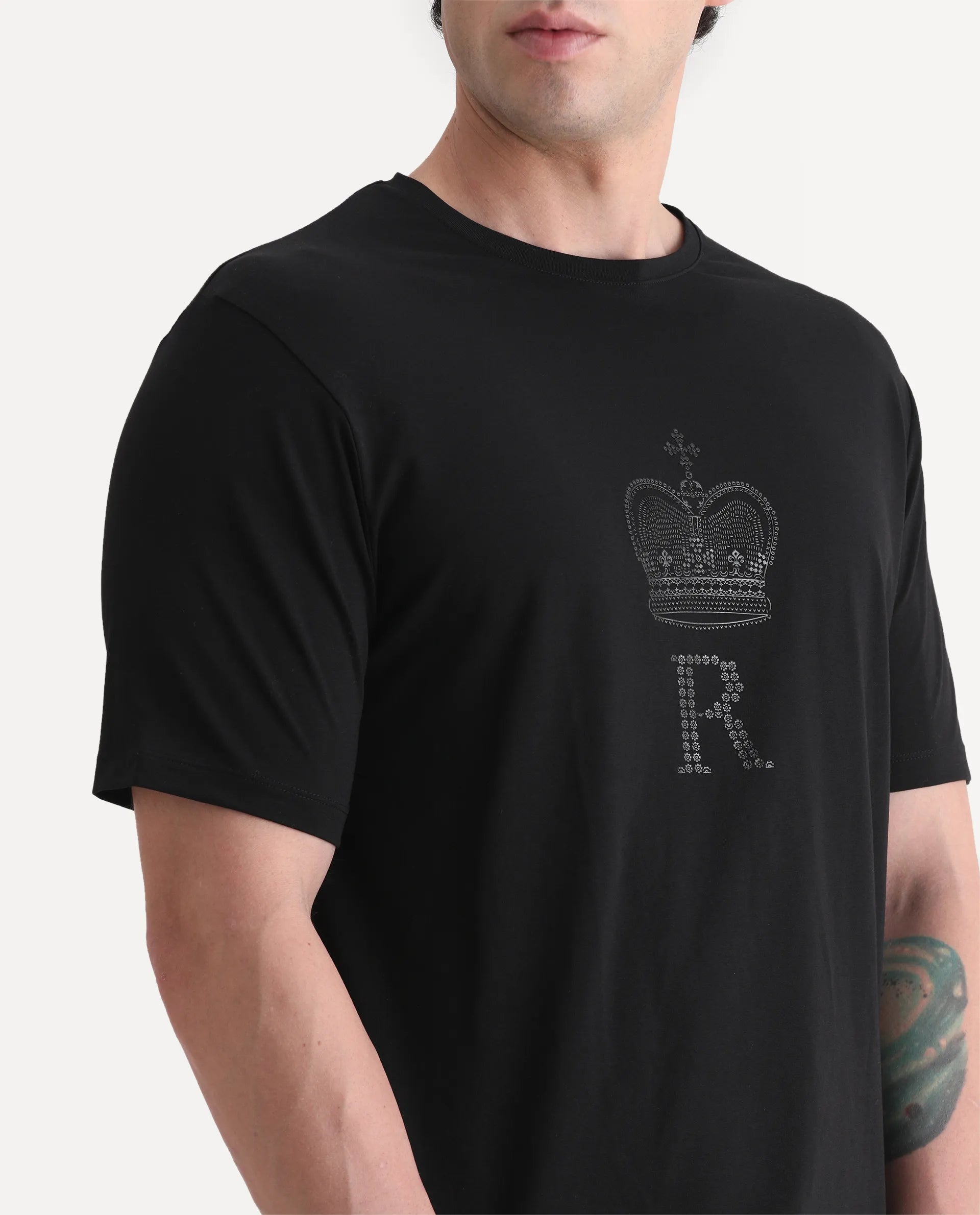 Rare Rabbit Men's Maisel-25 Black Cotton Blend Hd Print Regular Fit Half Sleeve Crew Neck T-Shirt