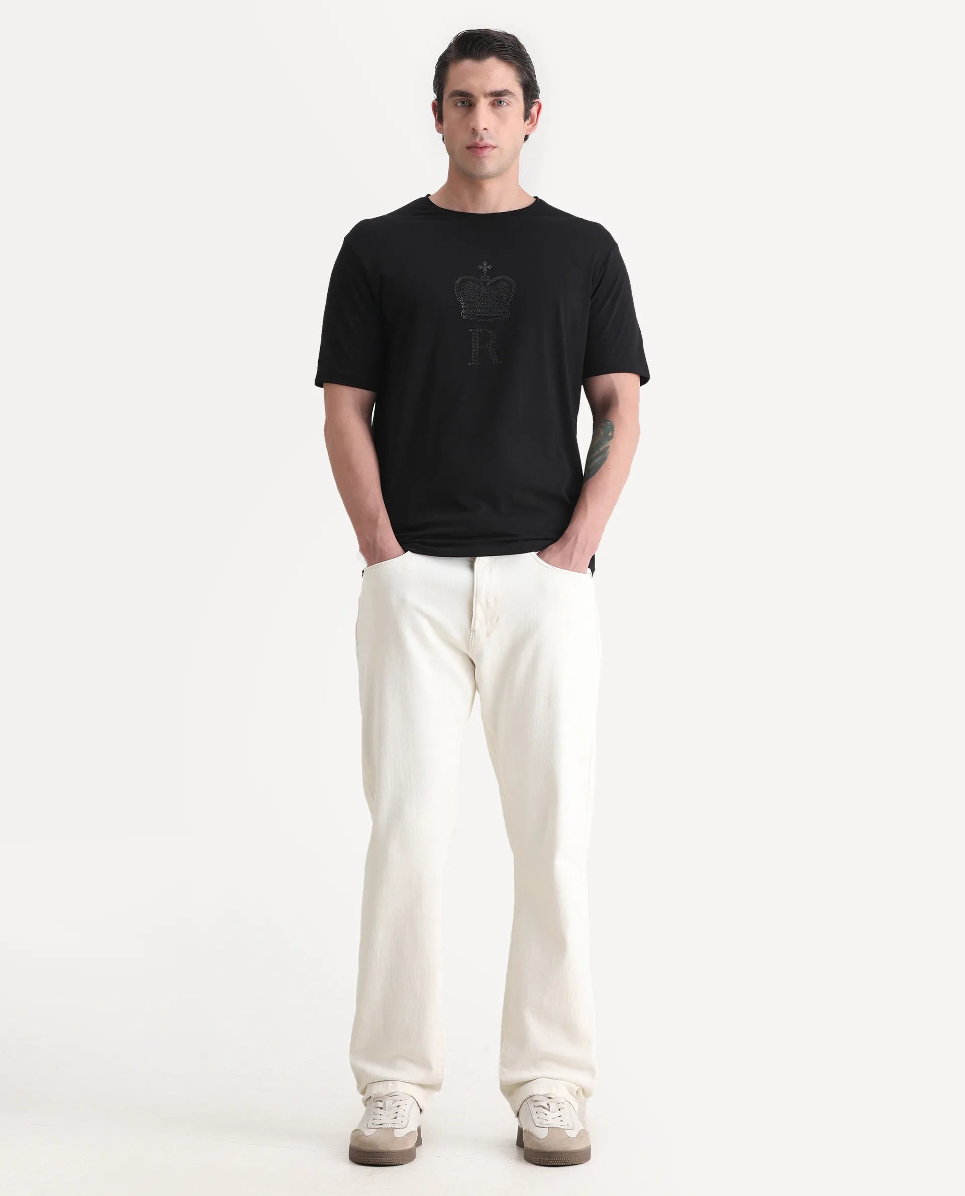 Rare Rabbit Men's Maisel-25 Black Cotton Blend Hd Print Regular Fit Half Sleeve Crew Neck T-Shirt