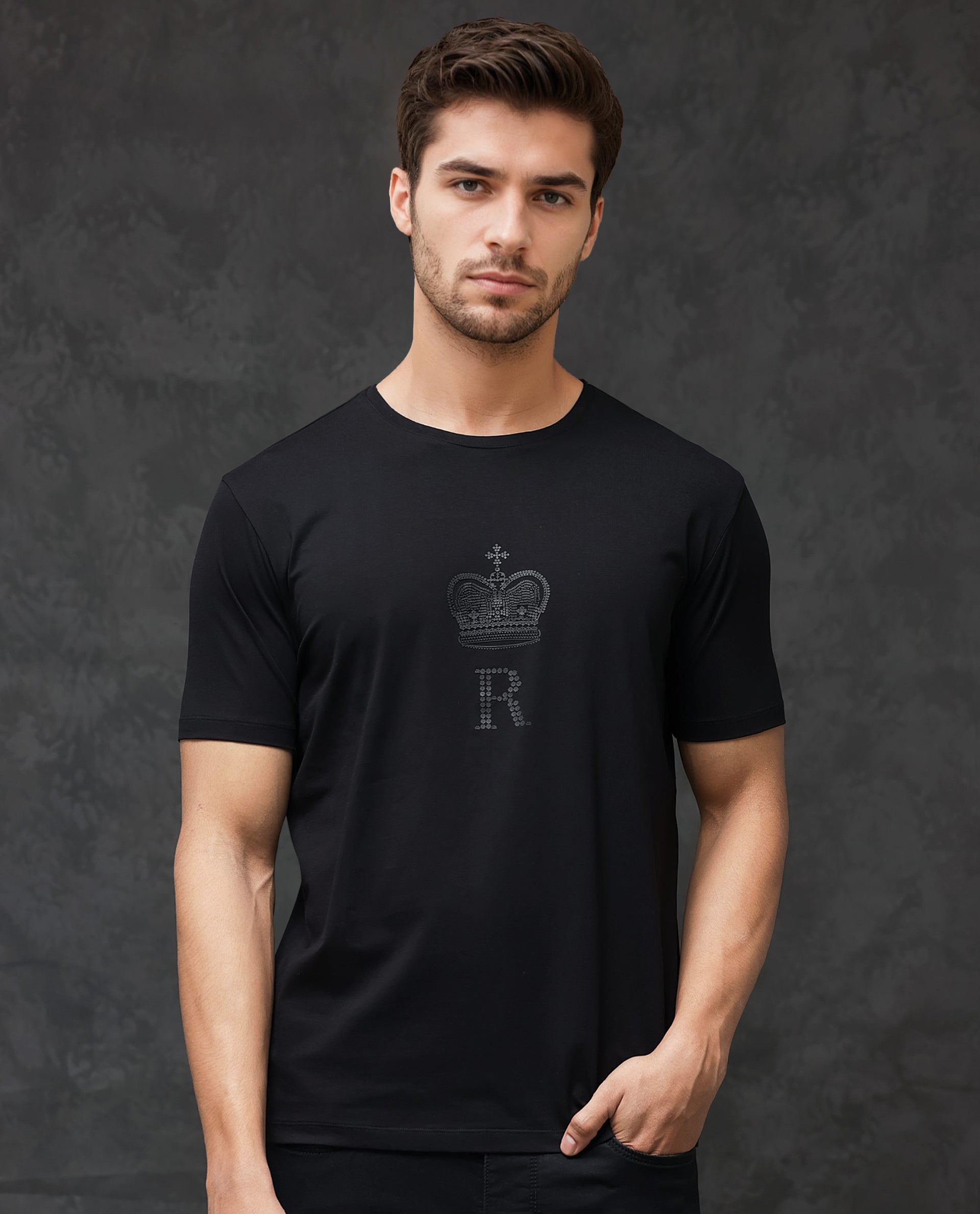 Rare Rabbit Men's Maisel Black Cotton Lycra Fabric Half Sleeves Graphic Print T-Shirt