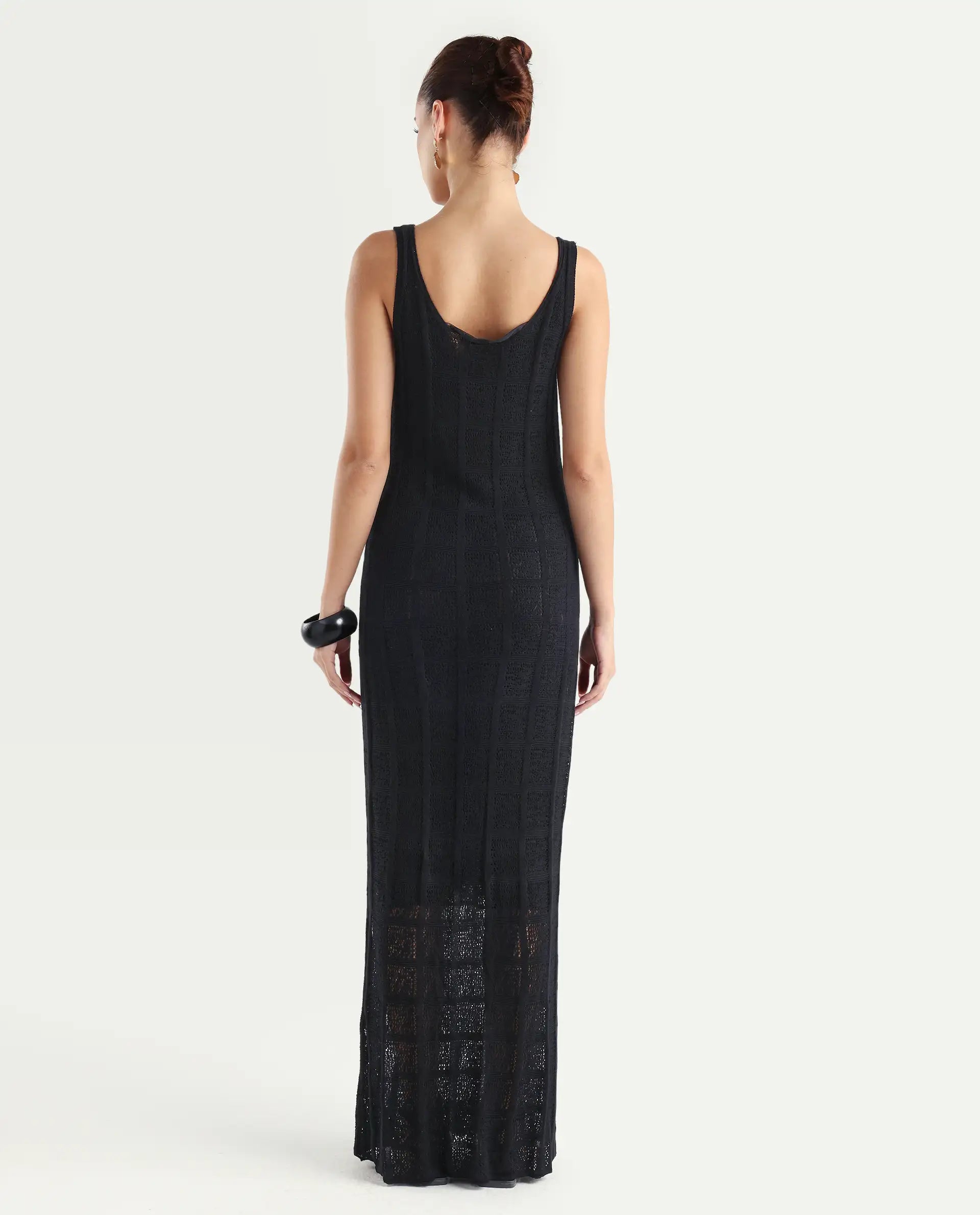 Rareism Women's Majoka Black Viscose U-Neck Plain Sleeveless Maxi Bodycon Dress