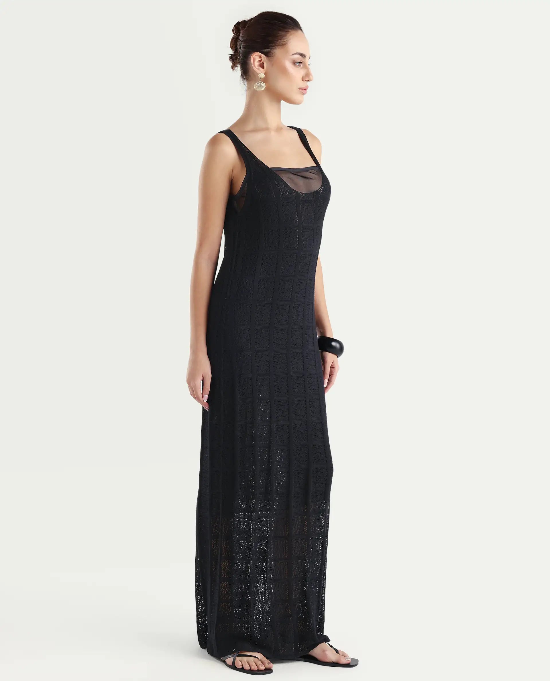 Rareism Women's Majoka Black Viscose U-Neck Plain Sleeveless Maxi Bodycon Dress