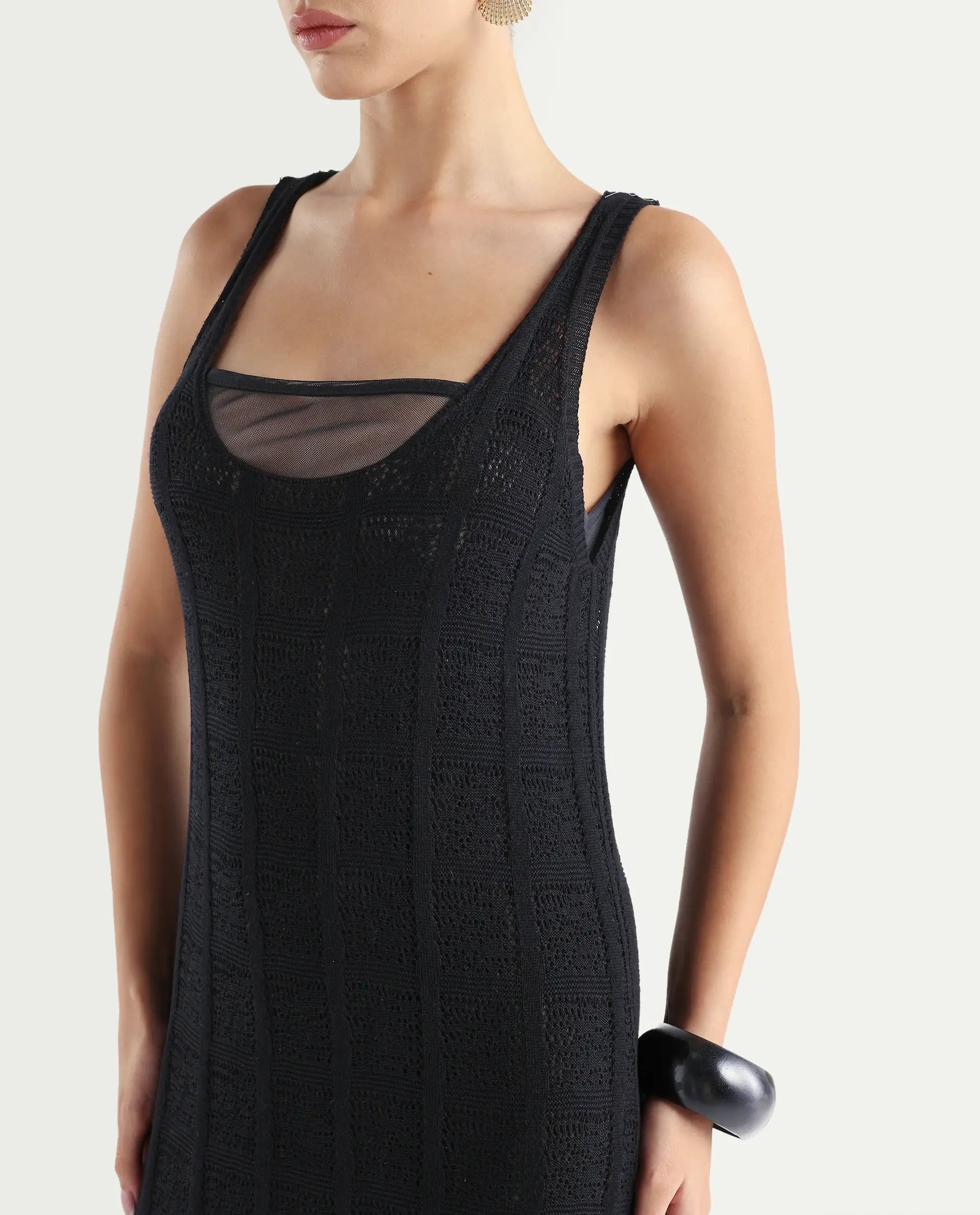 Rareism Women's Majoka Black Viscose U-Neck Plain Sleeveless Maxi Bodycon Dress