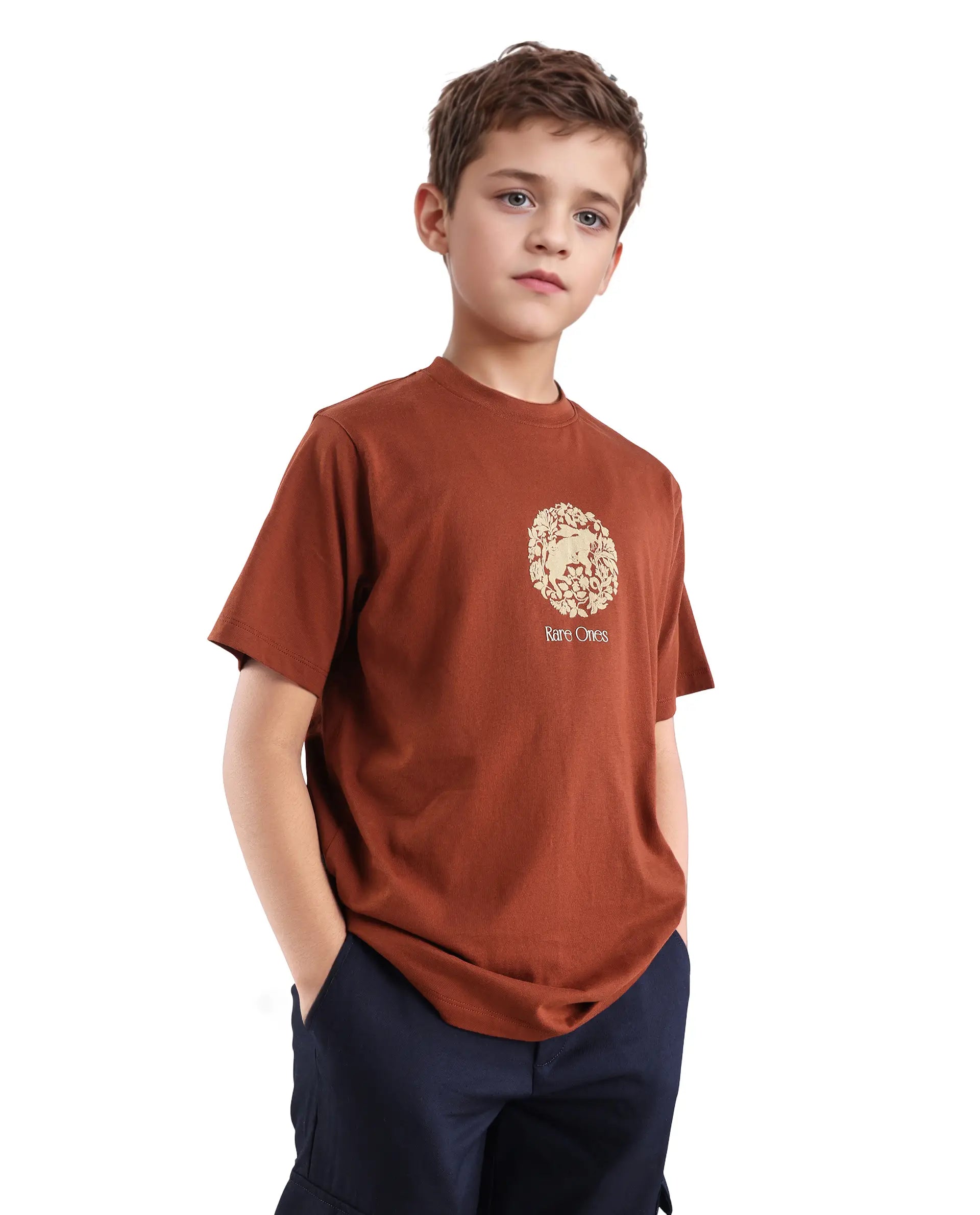 Rare Ones Kids Makes25 Rust Cotton Flock Print Regular Fit T-Shirt
