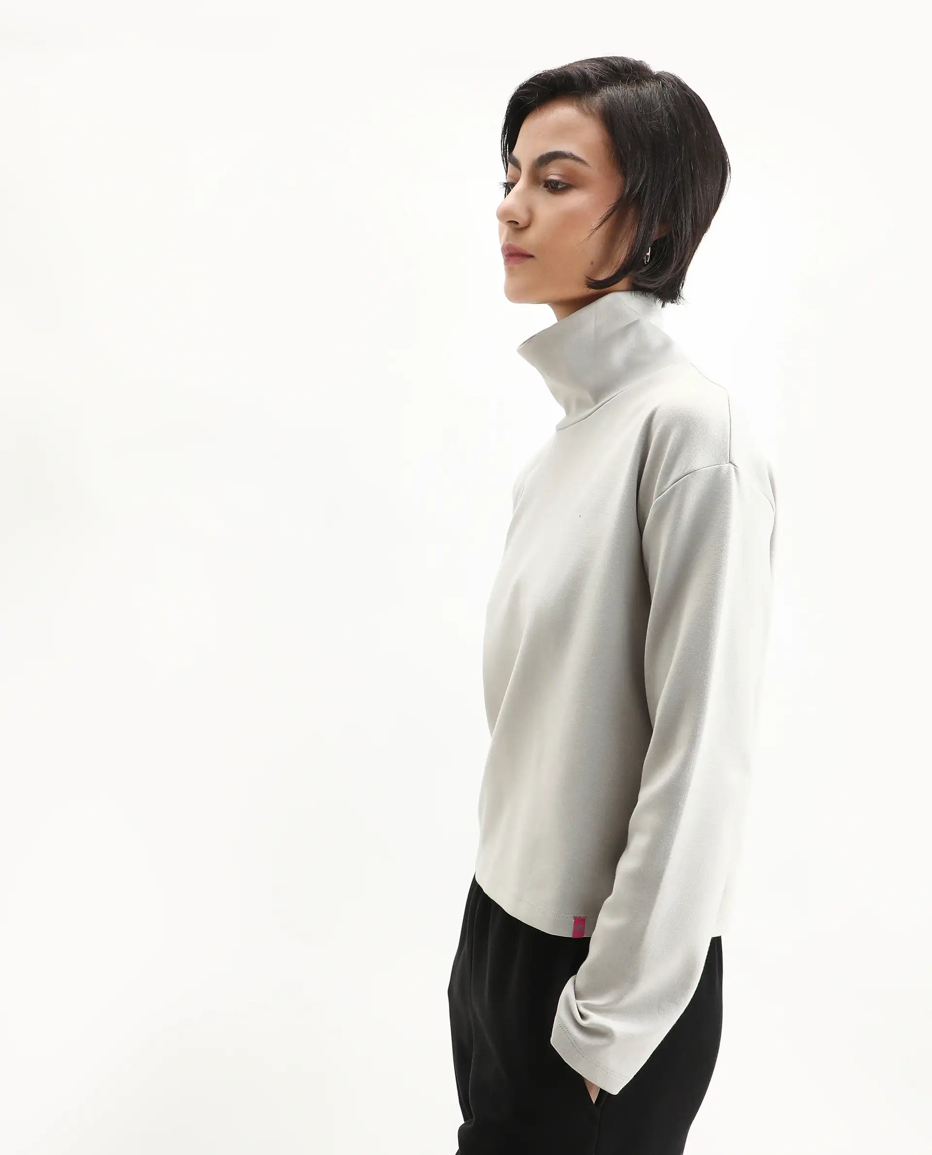 Rareism Women's Malatya Light Grey Cotton Blend Polo Neck Plain Slim Fit Top