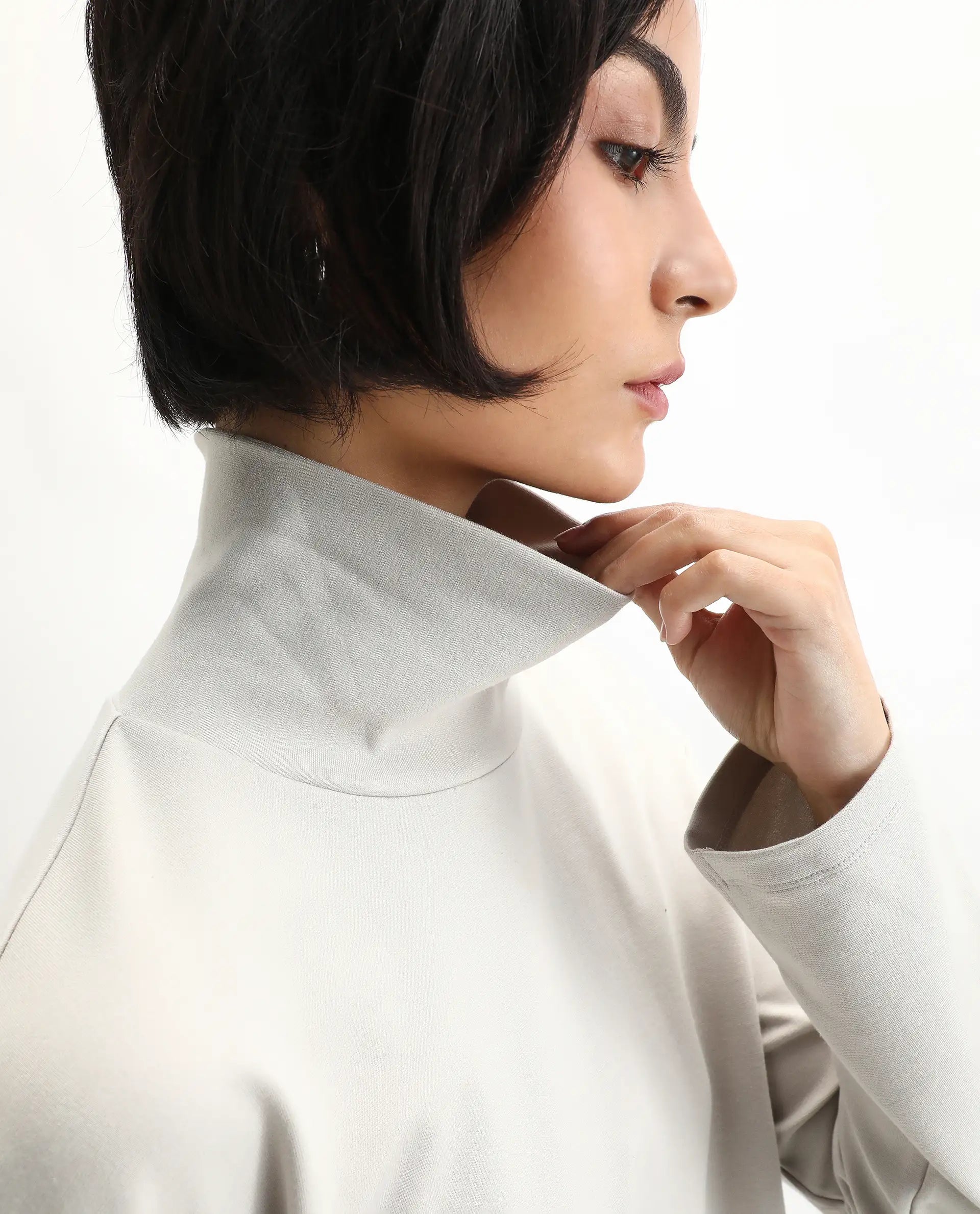 Rareism Women's Malatya Light Grey Cotton Blend Polo Neck Plain Slim Fit Top