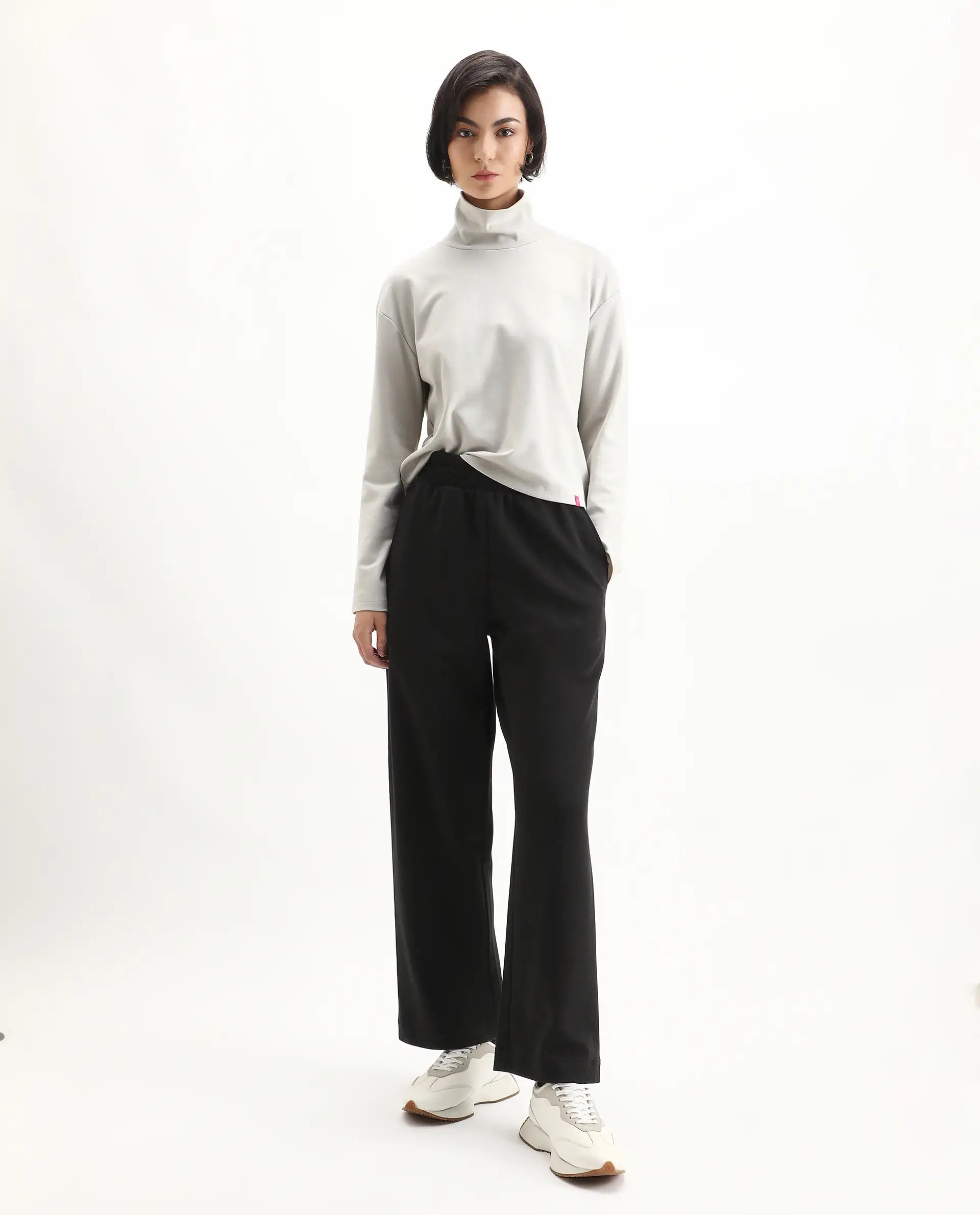 Rareism Women's Malatya Light Grey Cotton Blend Polo Neck Plain Slim Fit Top