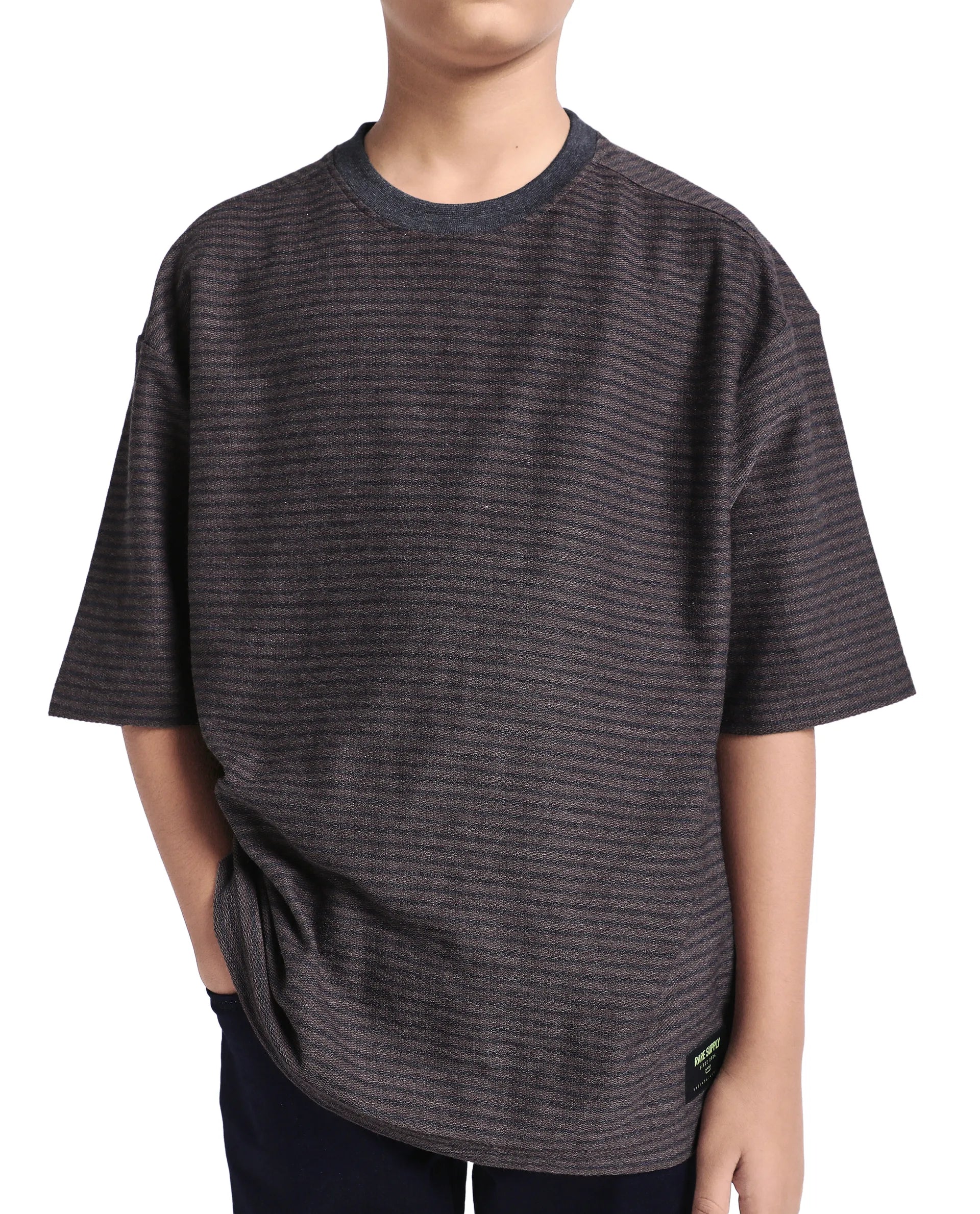 Rare Ones Kids Malco Dark Maroon Polyester Blend Pull On Striped Oversized T-Shirt