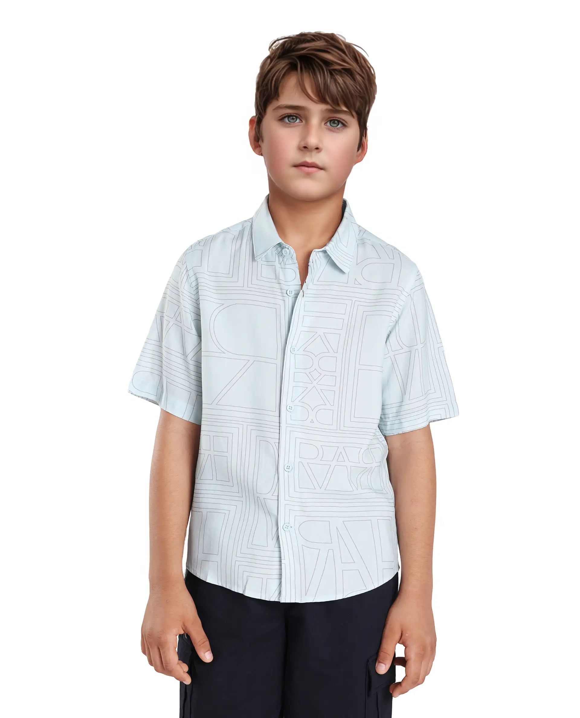 Rare Ones Kids Maley Blue Viscose Printed Button Closure Regular Fit Shirt