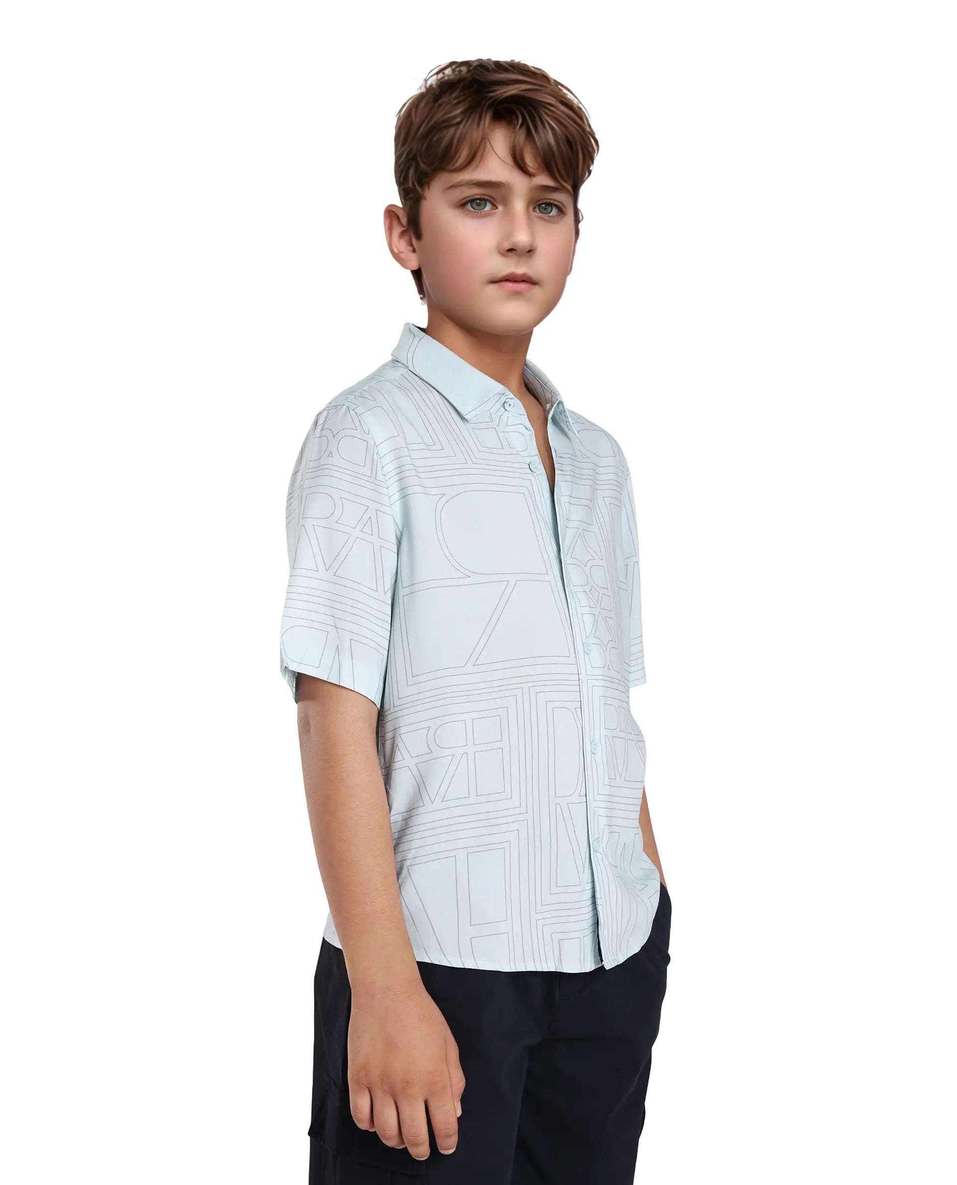 Rare Ones Kids Maley Blue Viscose Printed Button Closure Regular Fit Shirt