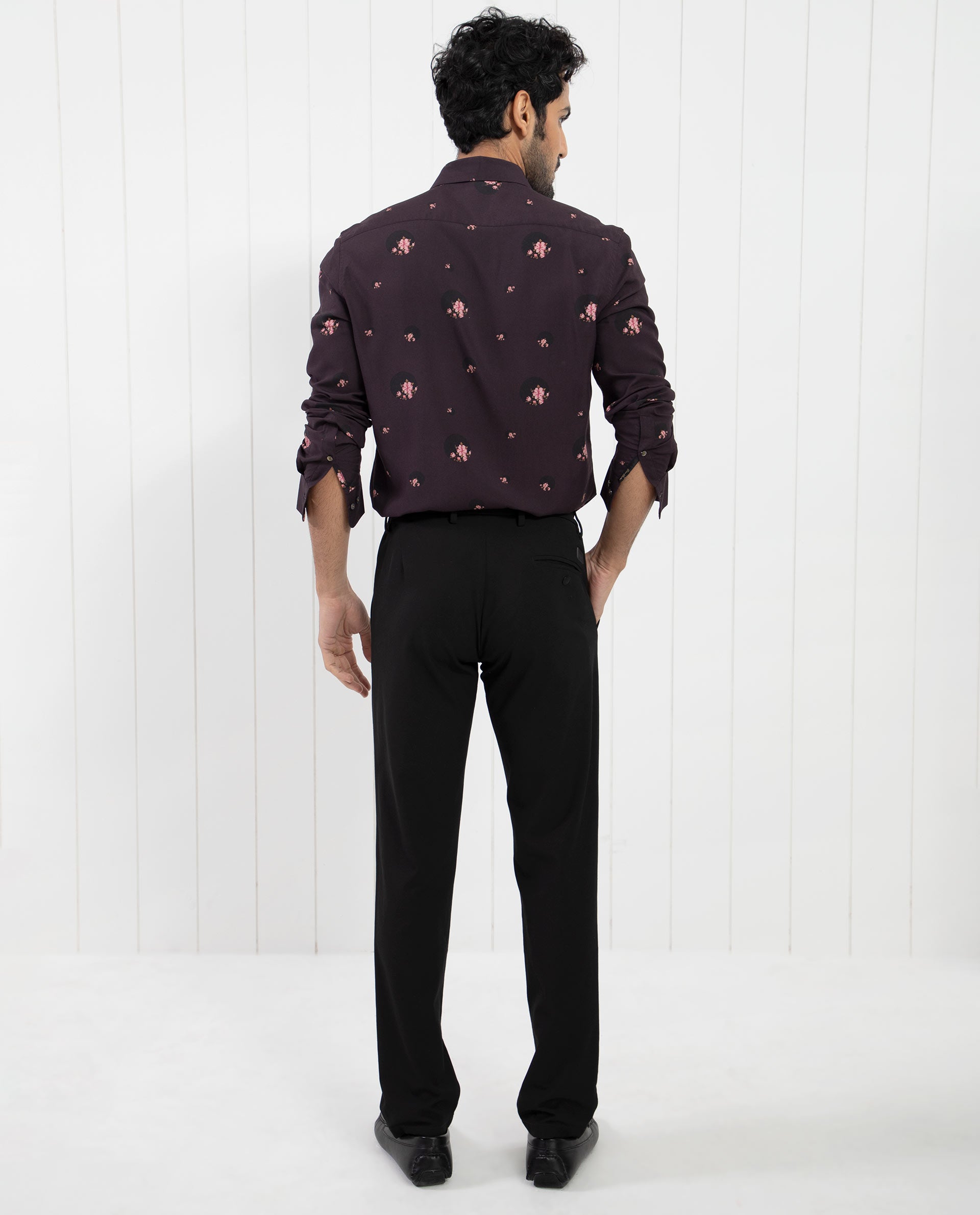 Rare Rabbit Men's Mali Dark Purple Viscose Fabric Floral Print Full Sleeves