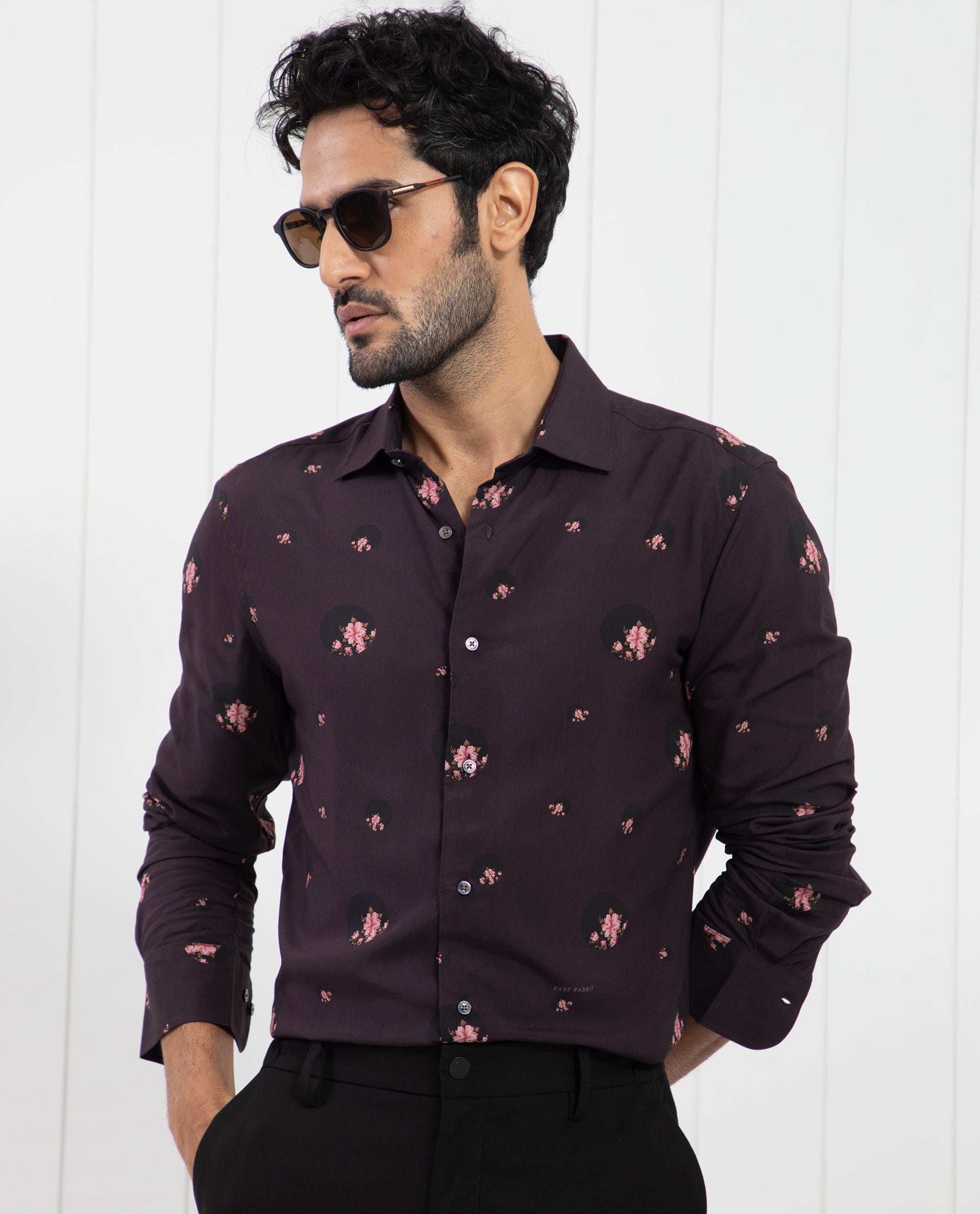 Rare Rabbit Men's Mali Dark Purple Viscose Fabric Floral Print Full Sleeves