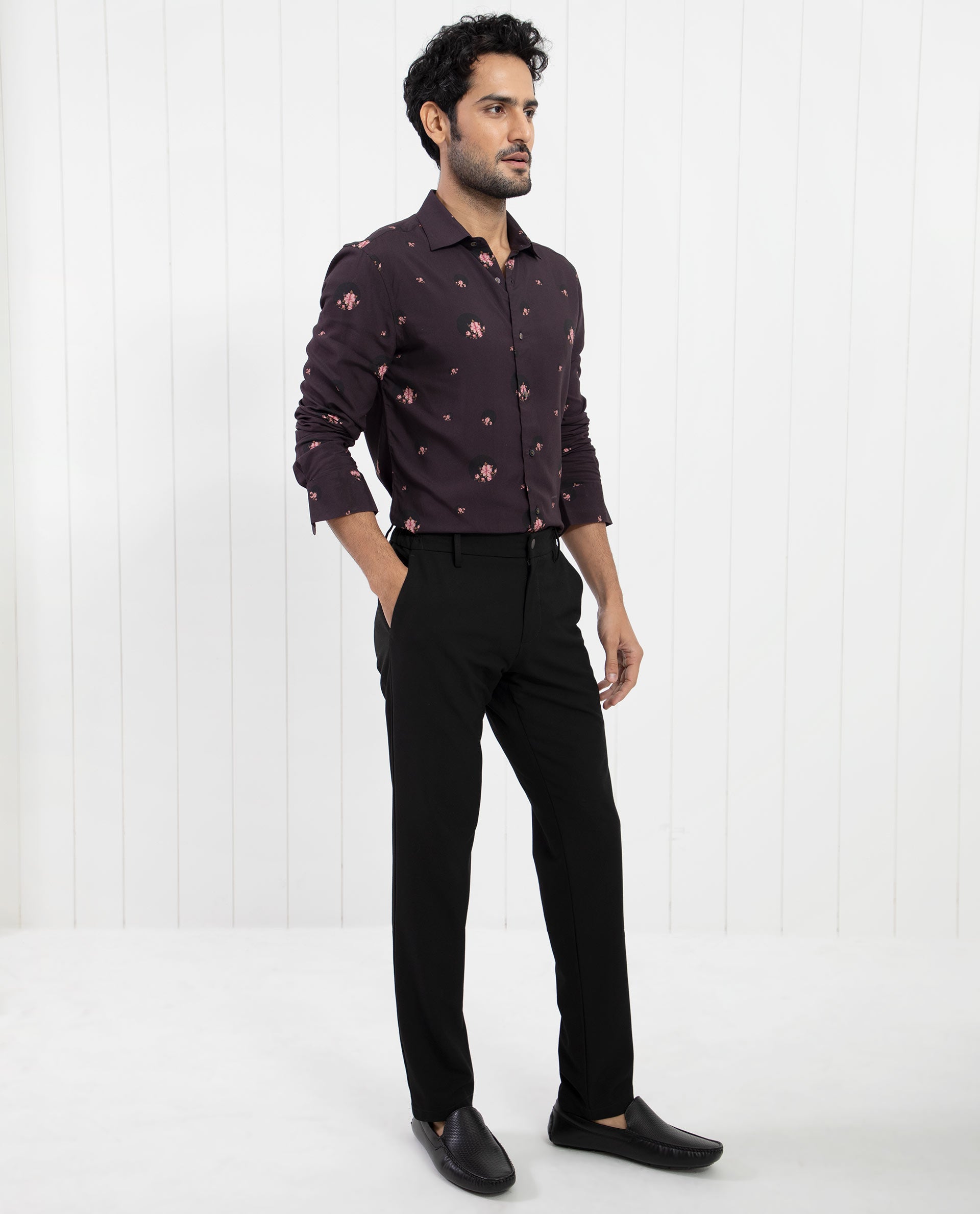 Rare Rabbit Men's Mali Dark Purple Viscose Fabric Floral Print Full Sleeves