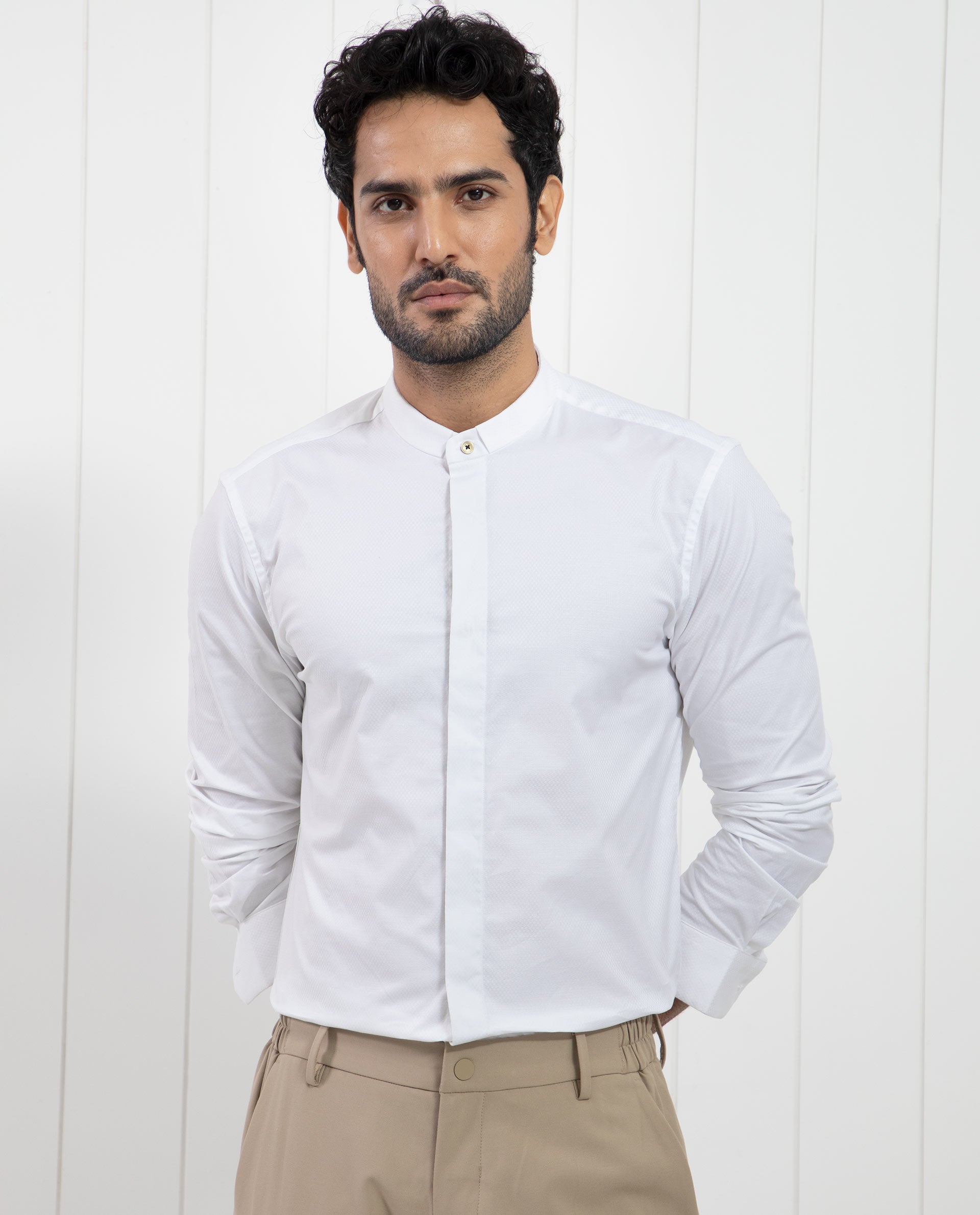 Rare Rabbit Men's Pristina White Cotton Fabric Mandarin Collar Full Sleeves Solid Shirt