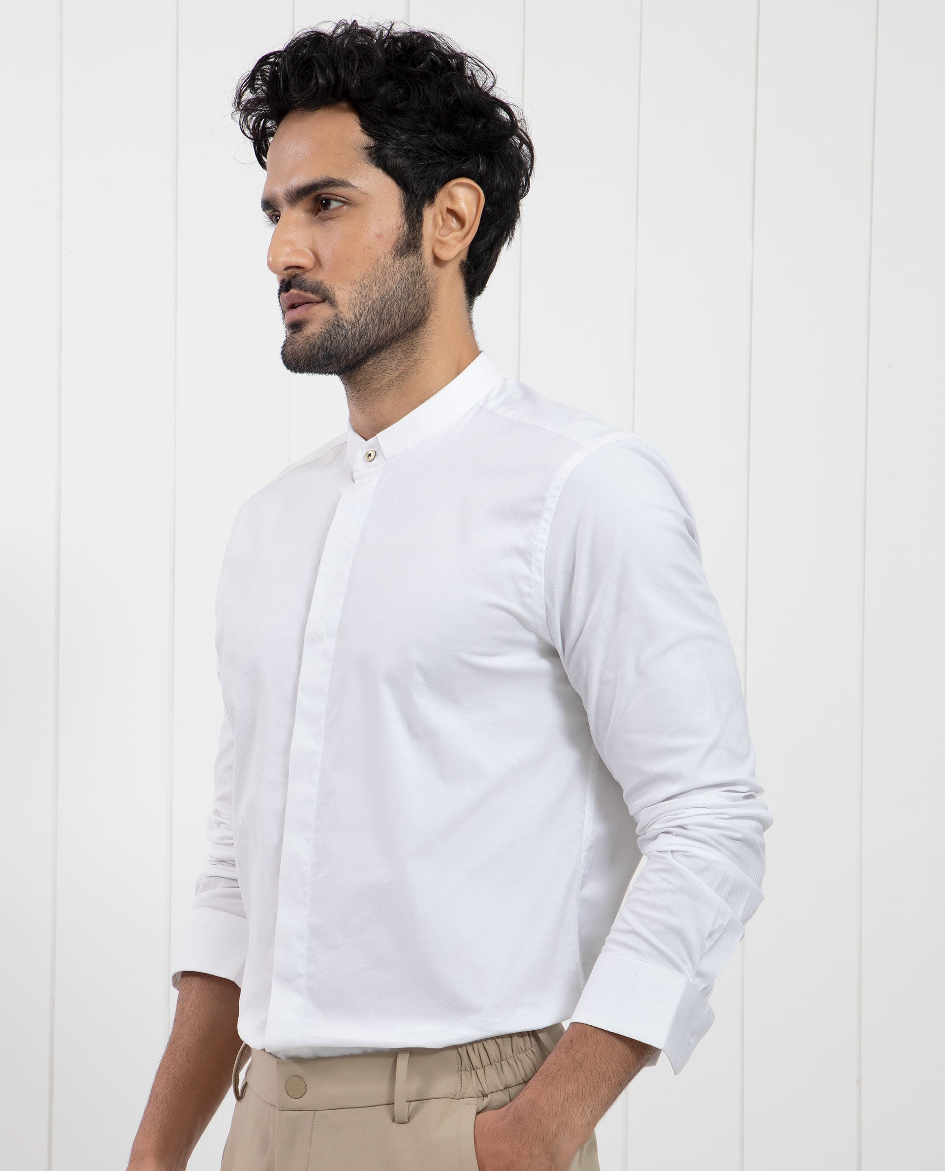 Rare Rabbit Men's Pristina White Cotton Fabric Mandarin Collar Full Sleeves Solid Shirt