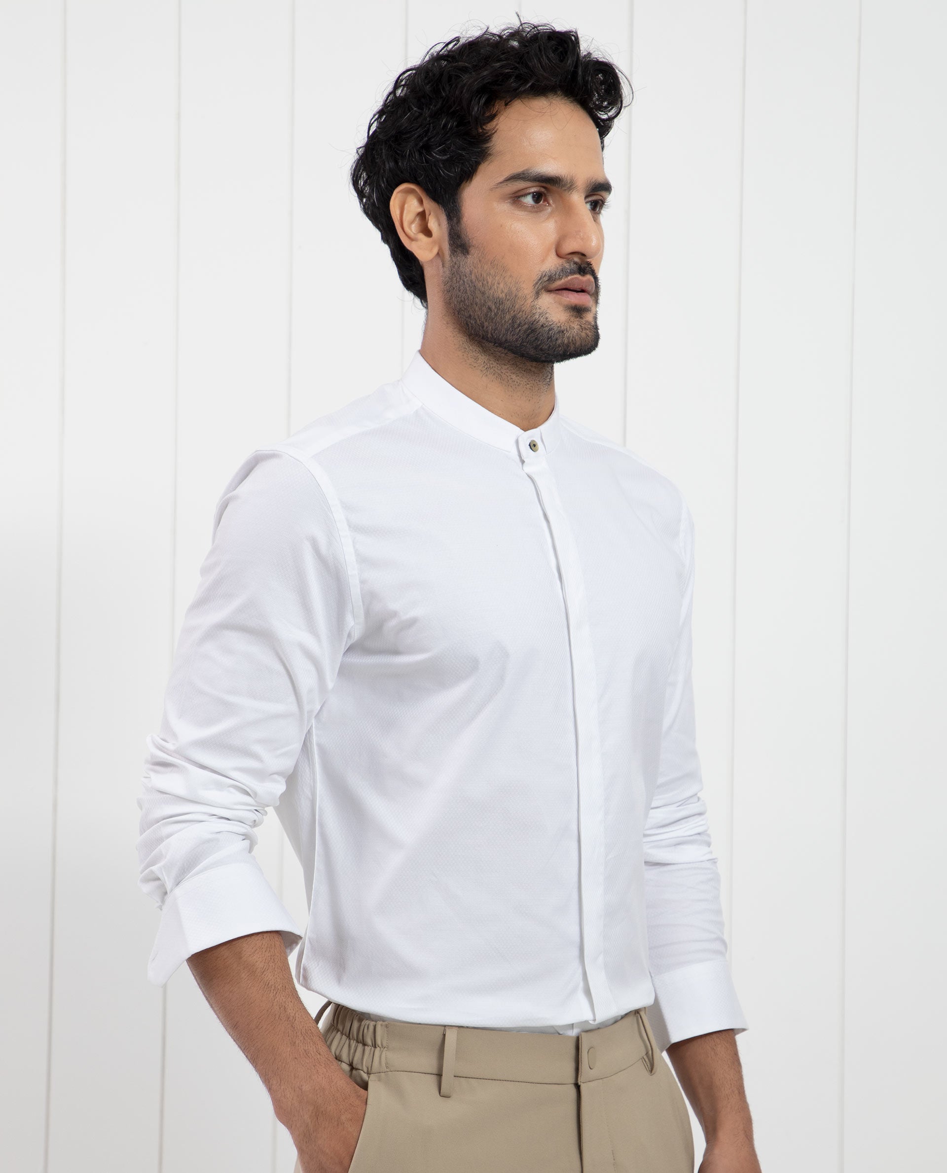 Rare Rabbit Men's Pristina White Cotton Fabric Mandarin Collar Full Sleeves Solid Shirt