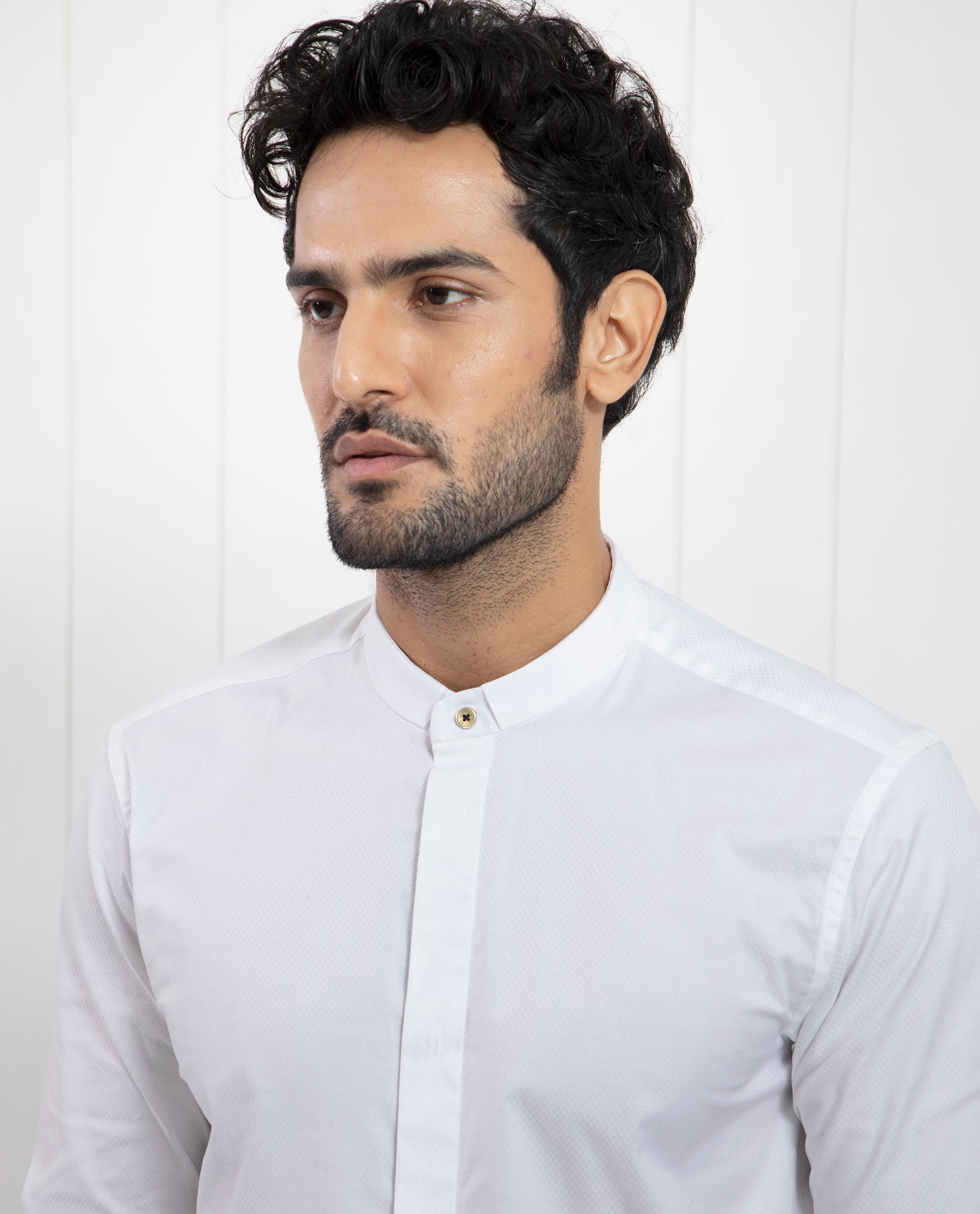 Rare Rabbit Men's Pristina White Cotton Fabric Mandarin Collar Full Sleeves Solid Shirt